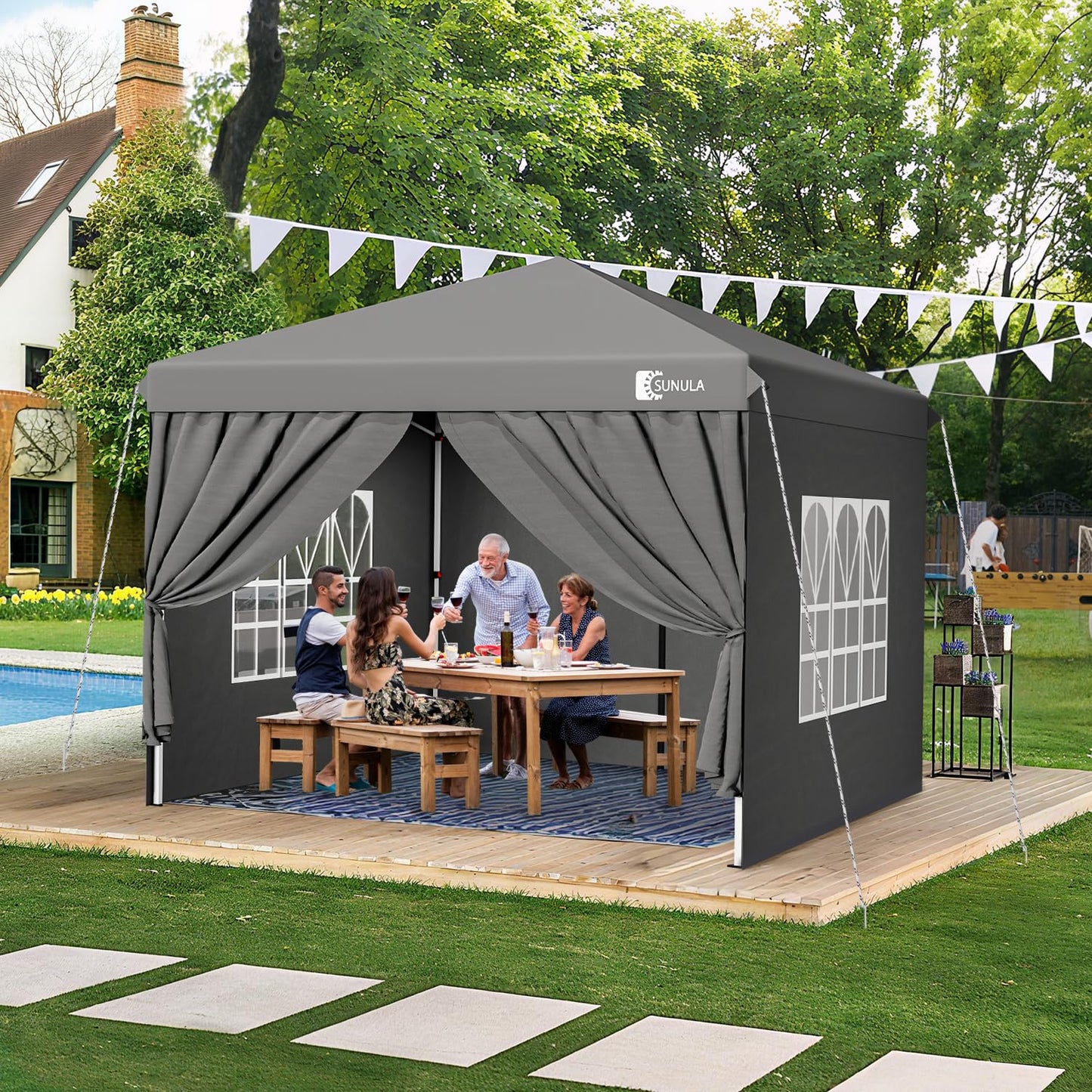 Gazebo 3 x 3 Waterproof Stable Winterproof with 4 Side Walls, Folding Gazebo 3 x 3 m with Thickened Tubes, Party Tent, Garden Gazebo, Folding Tent for Camping, Festival, Party (Grey)