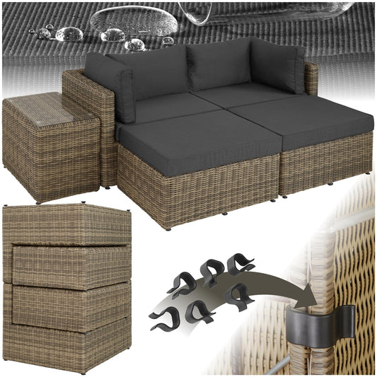 tectake® Luxus Rattan Lounge Set Outdoor, modulares Sofa mit Couch Tisch und Hocker, Balkon Möbel, Garten, Terrasse, Gartenmöbel Set wetterfest, Balkon Lounge, Gartenlounge - Natur