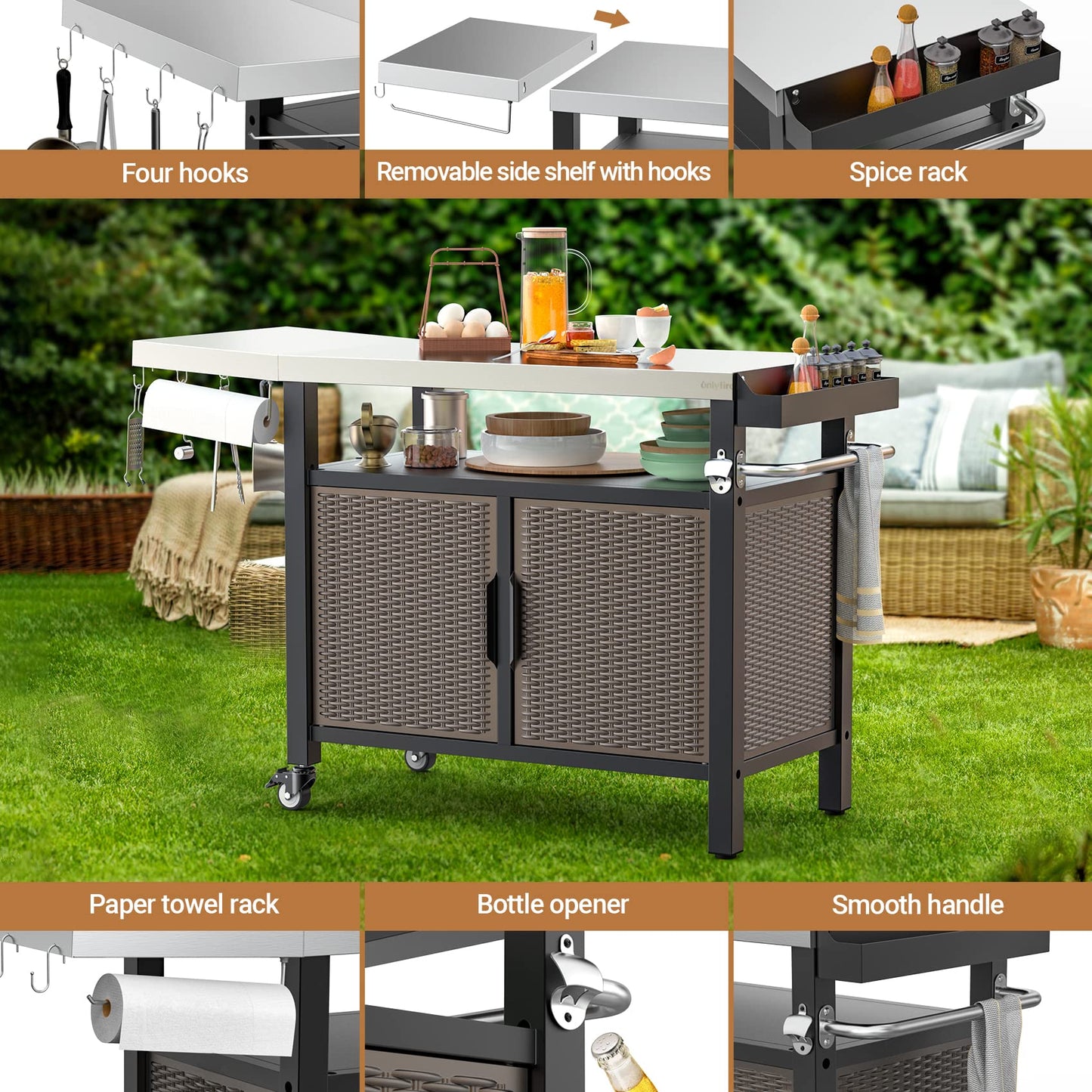 onlyfire Outdoor Barbecue Table, Grill Trolley with Folding Side Shelves, Outdoor Serving Trolley with Wheels, BBQ Table, Outdoor Side Table, Three Levels, Stainless Steel Table Top, 97.5 × 56 × 91 cm