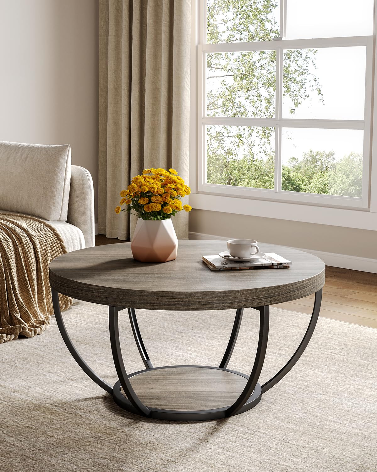 LITTLE TREE Round Coffee Table 32 Inch Round Coffee Table for Living Room 2 Tier Wood Accent Center Table with Open Storage Industrial Design Home Furniture (Wood Grain and Black)