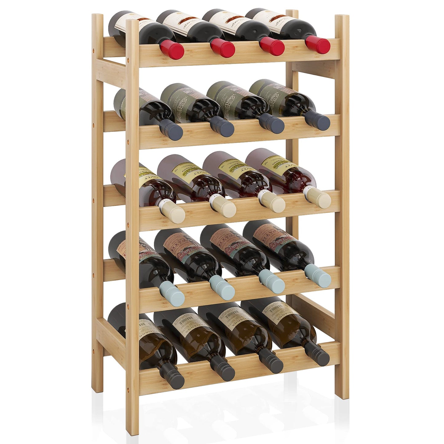 SMIBUY Bamboo Wine Rack, 20 Bottle Display Holder, 5 Tier Freestanding Storage Racks for Kitchen, Pantry, Basement, Bar (Black)