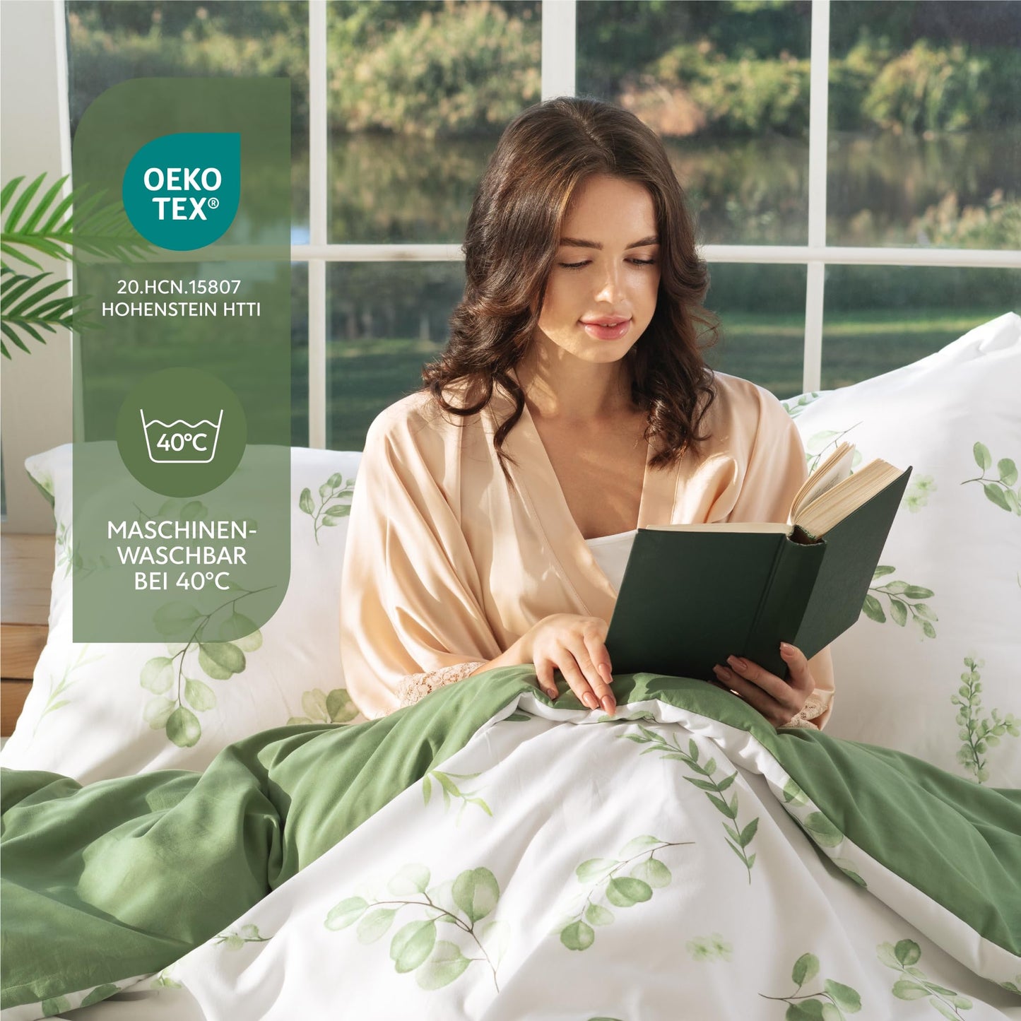 Dreamzie Bed Linen Set 155 x 220 cm with 2 Pillowcases 80 x 80 cm, Botanic Motif Sage Green, Adult Bed Linen, 155 x 220 cm, Made of 100% Microfibre, Certified, No Chemicals (OEKO TEX)