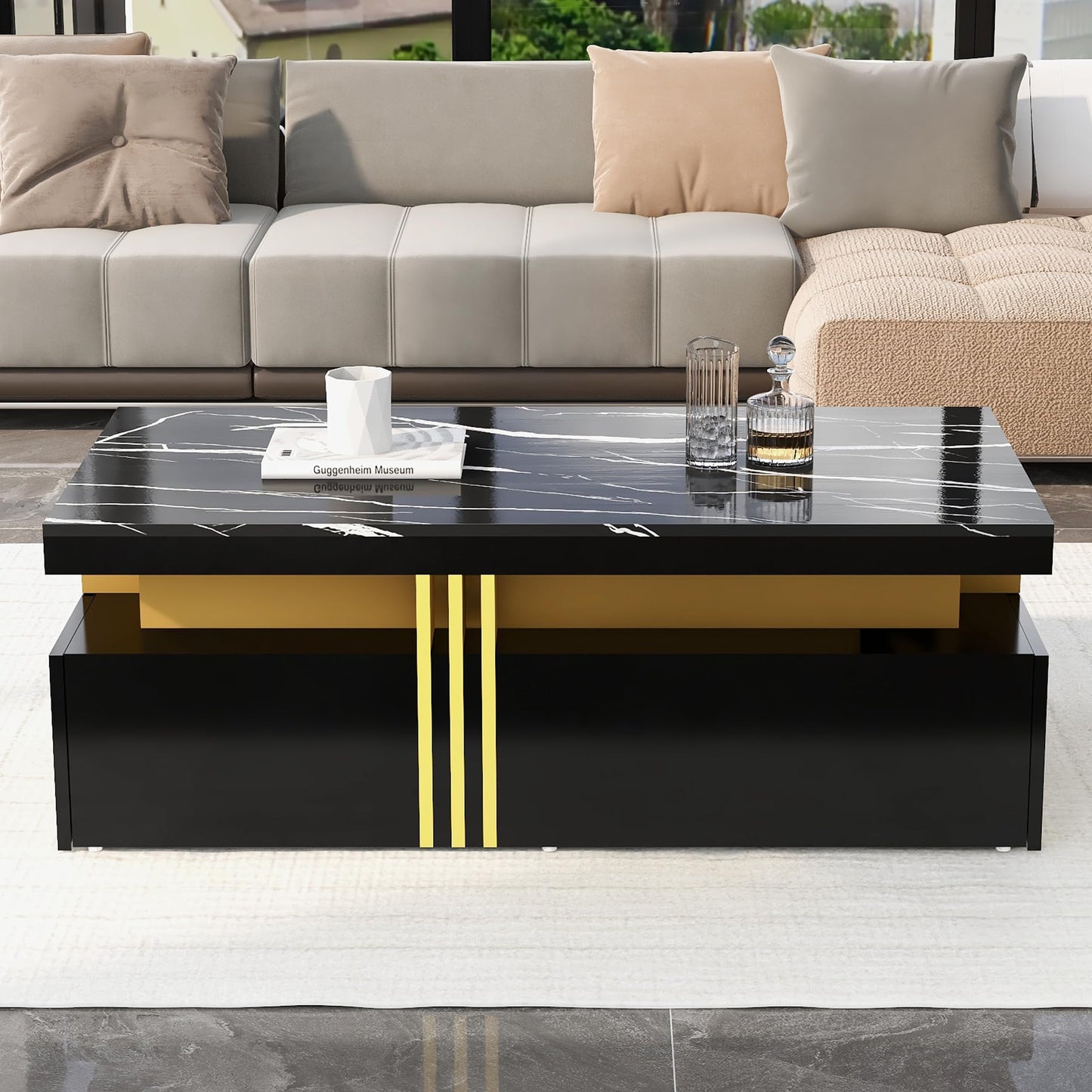 Merax Coffee Table LED High Gloss Middle Table Tea Table for Living Room Black Living Room Table with 2 Drawers and Open Compartment, Rectangular Side Table Sofa Table Coffee Table for Bedroom Office