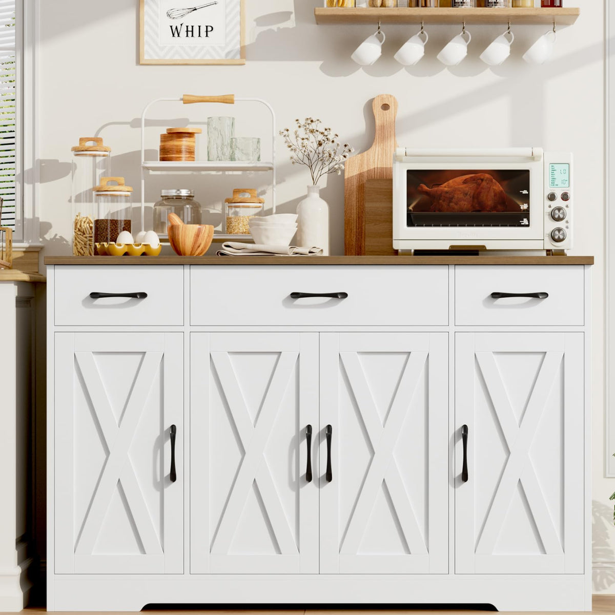 HOCSOK Sideboard, 140 cm Wide Kitchen Cabinet with 2 Adjustable Shelves, Buffet Cabinet with 3 Drawers 4 Doors, Kitchen Buffet for Living Room, Kitchen, Hallway, White & Brown