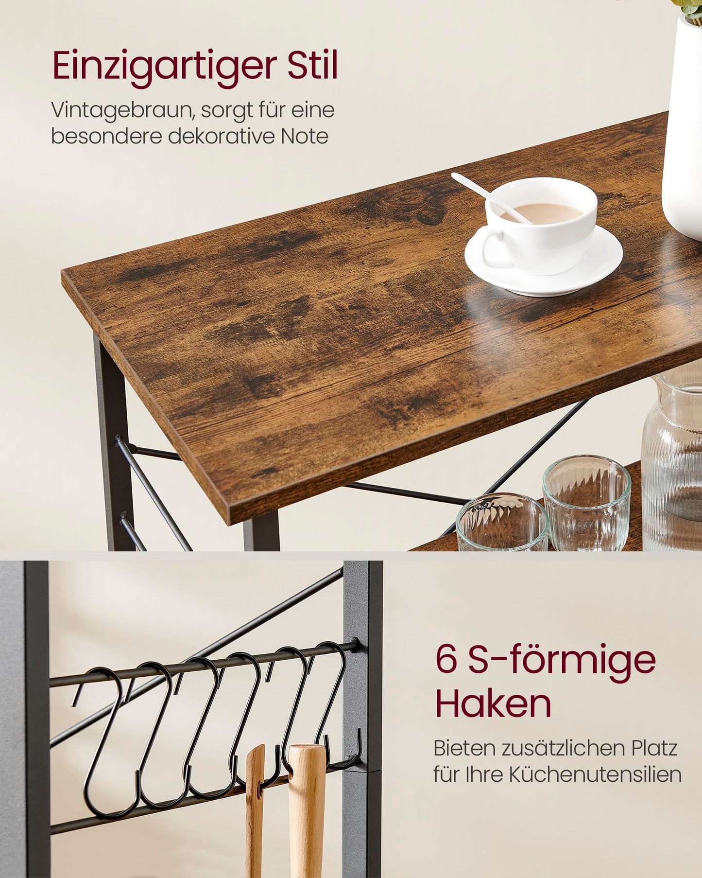 VASAGLE KKS60XV1 Kitchen Rack on Wheels Serving Trolley 3 Tier Kitchen Trolley Mini Oven Microwave Metal Frame 6 Hooks 40 x 60 x 89 cm Vintage Brown Ink Black