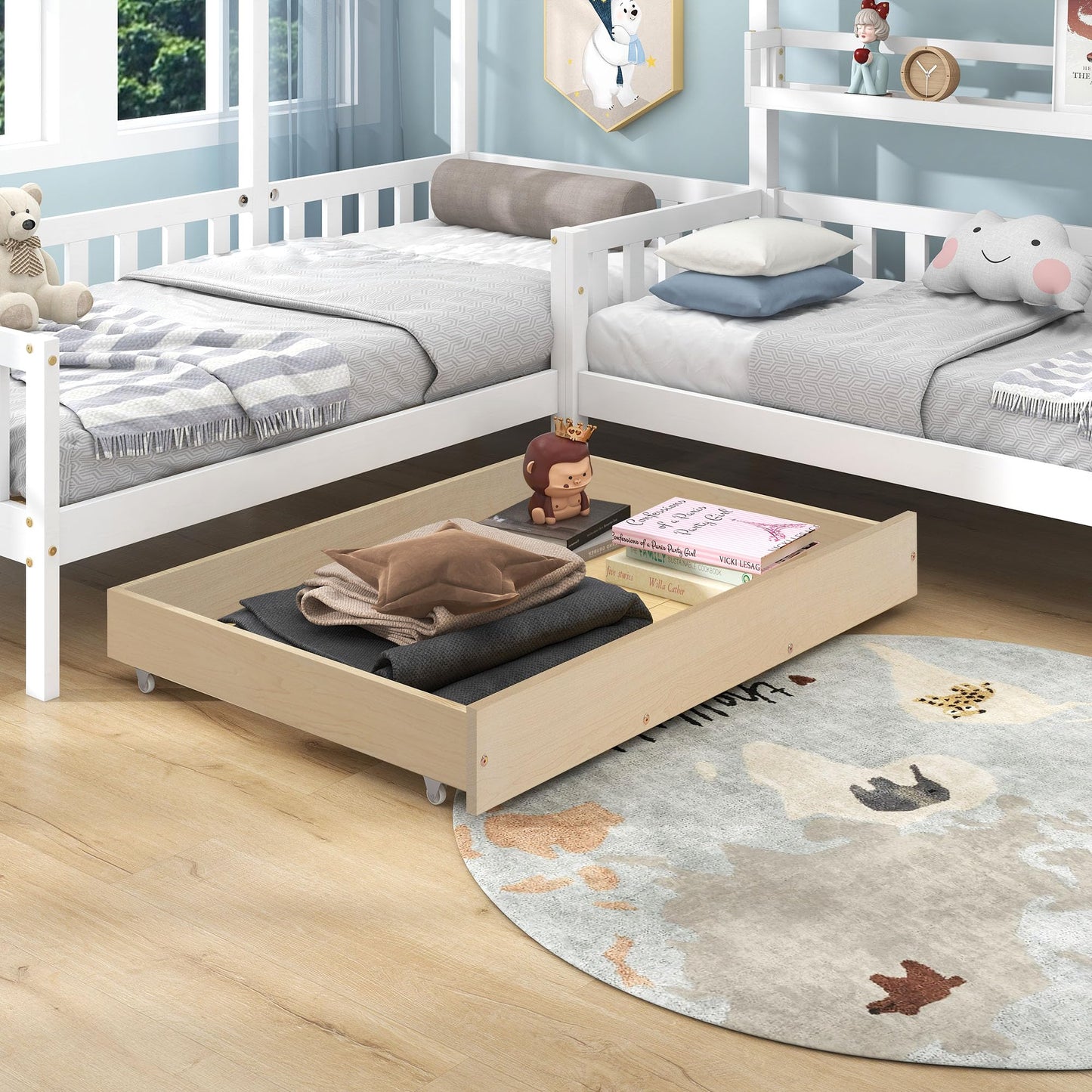 Merax Hausbett 90x200 cm mit 2 Schubladen, für 2 Kinder Doppelbett, Vielseitiges Holz Baumhausbett für Mädchen & Jungen, Stabil Spielbett Gitterbett mit Rausfallschutz und Lattenrost, Weiß