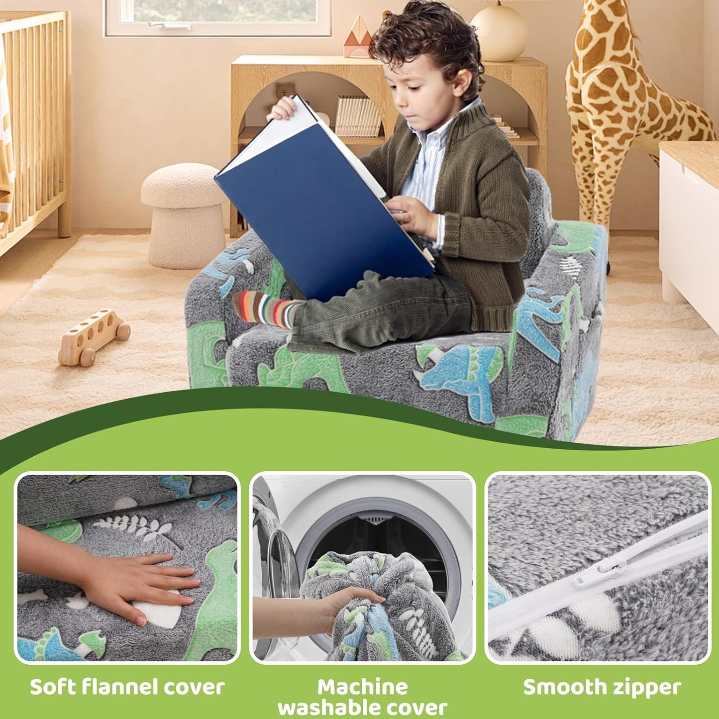 Children's Sofa, 2-in-1 Children's Sofa Fold-Out Sofa Bed, Removable and Washable, Mini Play Sofa for Boys and Girls Children's Room, Dinosaur Pattern