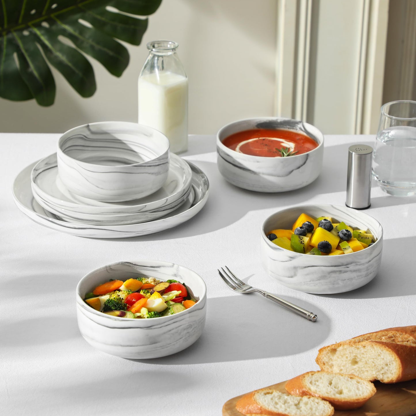 MALACASA Geschirrset 6 Personen, LUNA 24-tlg Tafelservice aus Weißem Porzellan, Modernes Geschirr Set mit je 6 Speiseteller, Dessertteller, Suppenteller und Müslischalen