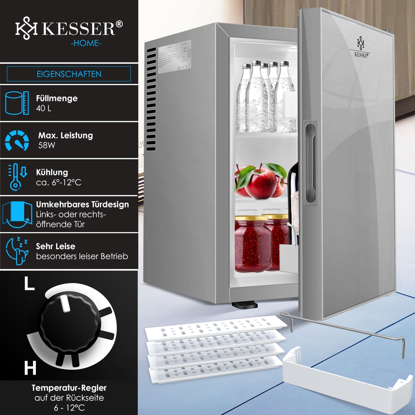 KESSER® Mini Fridge 40 L Lockable Mini Bar Ideal for Camping, Office, Bedroom, Hotel, Kitchen, Small Fridge Completely Silent, Interchangeable Door Hinge, Interior Lighting with Glass Opener