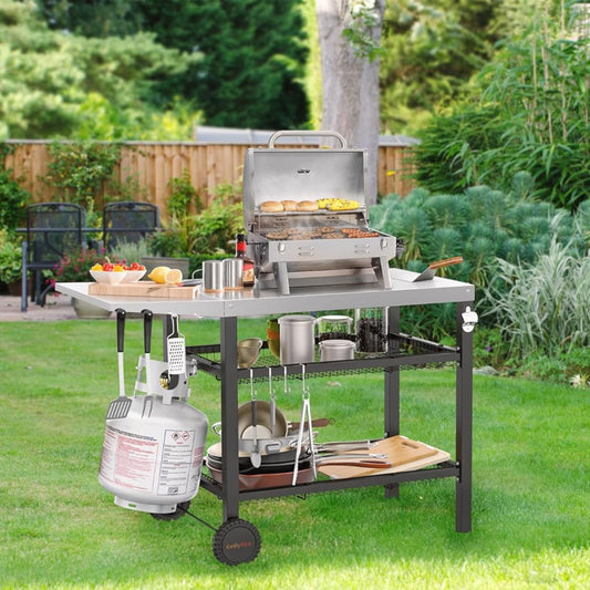 Onlyfire Barbecue Trolley, Stainless Steel Grill Table with Large Work Surface and Side Table, Grill Side Table, Outdoor Grill Table, Outdoor Serving Trolley, Outdoor Garden Trolley for Outdoor,