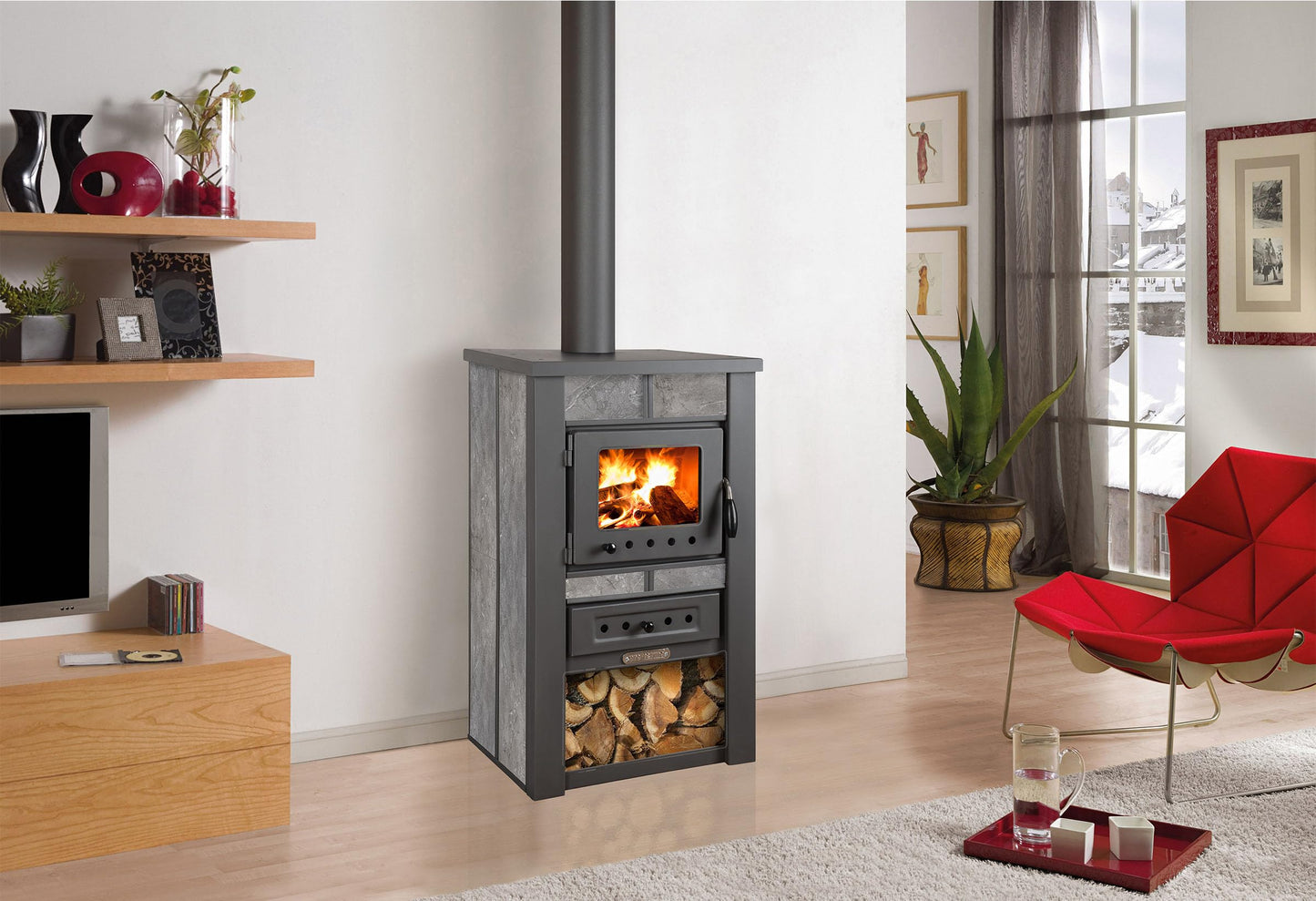 ProTermo Alpina Ceramic Mocha Fireplace with Fireclay Stone - 8 kW Heating Output - 50 x 48 x 82 cm Wood Stove with Viewing Window - Type 1