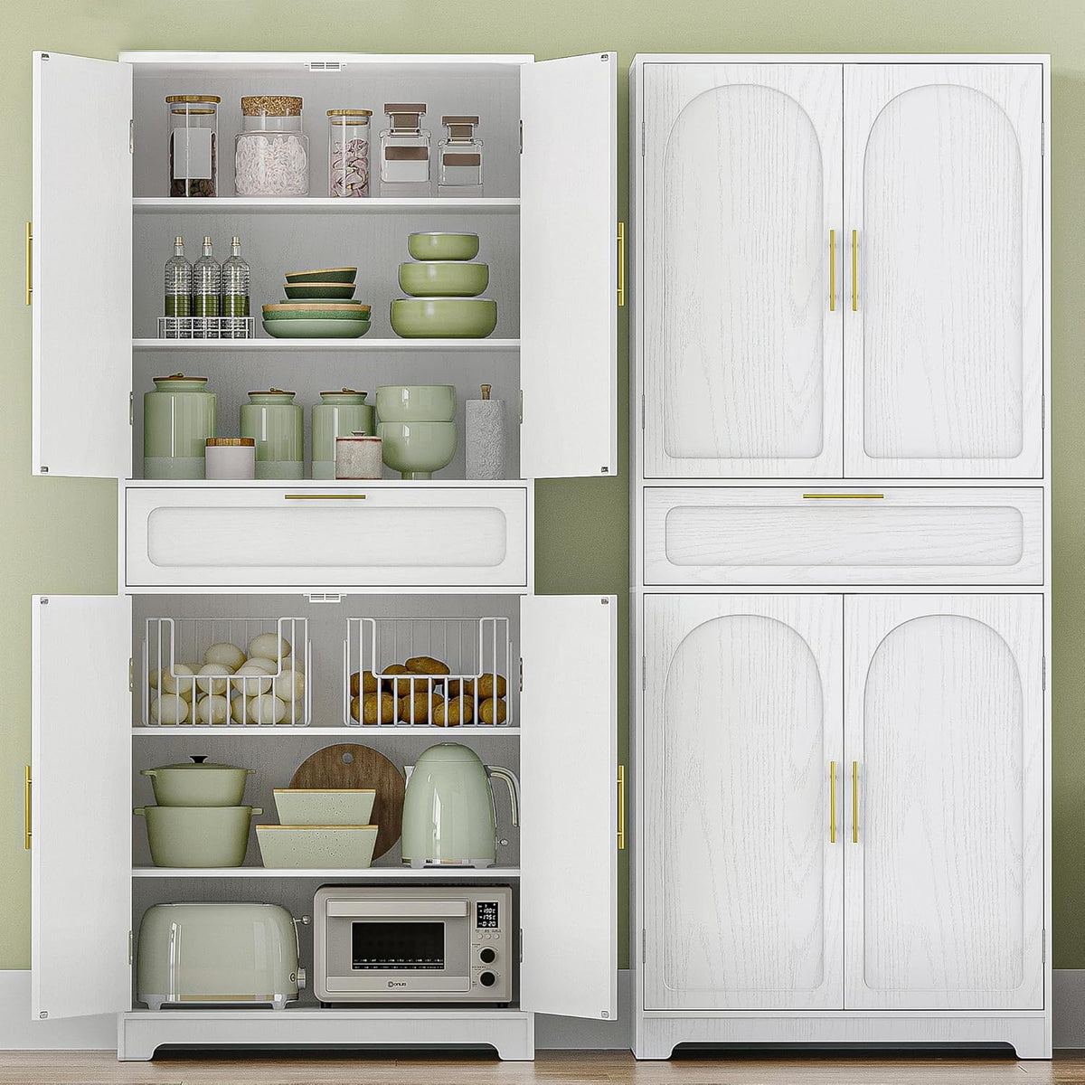 Hzuaneri PT18103X Kitchen Cabinet, Tall Cabinet with 4 Doors, Sideboard with 1 Large Drawer, Buffet Cabinet, Dining Room Cabinet, Adjustable Shelves for Dining Room, Kitchen, Living Room, White