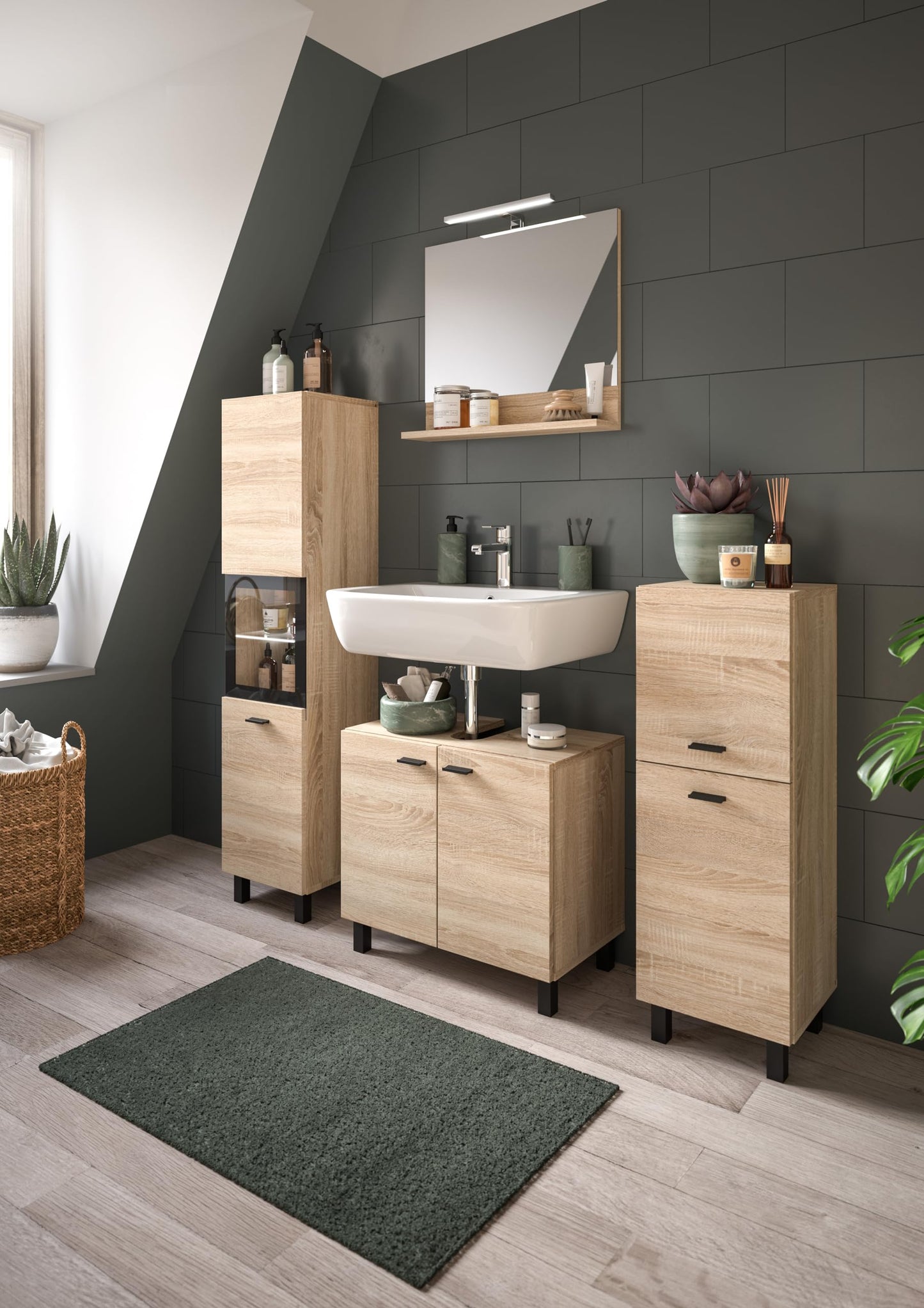 Boston Bathroom Cabinet, Standing Wall Cabinet, Hanging Cabinet, Wall Cabinet, Sonoma Oak Wood, Approx. 30 x 80 x 29 cm, Floor Standing/Hanging Mountable