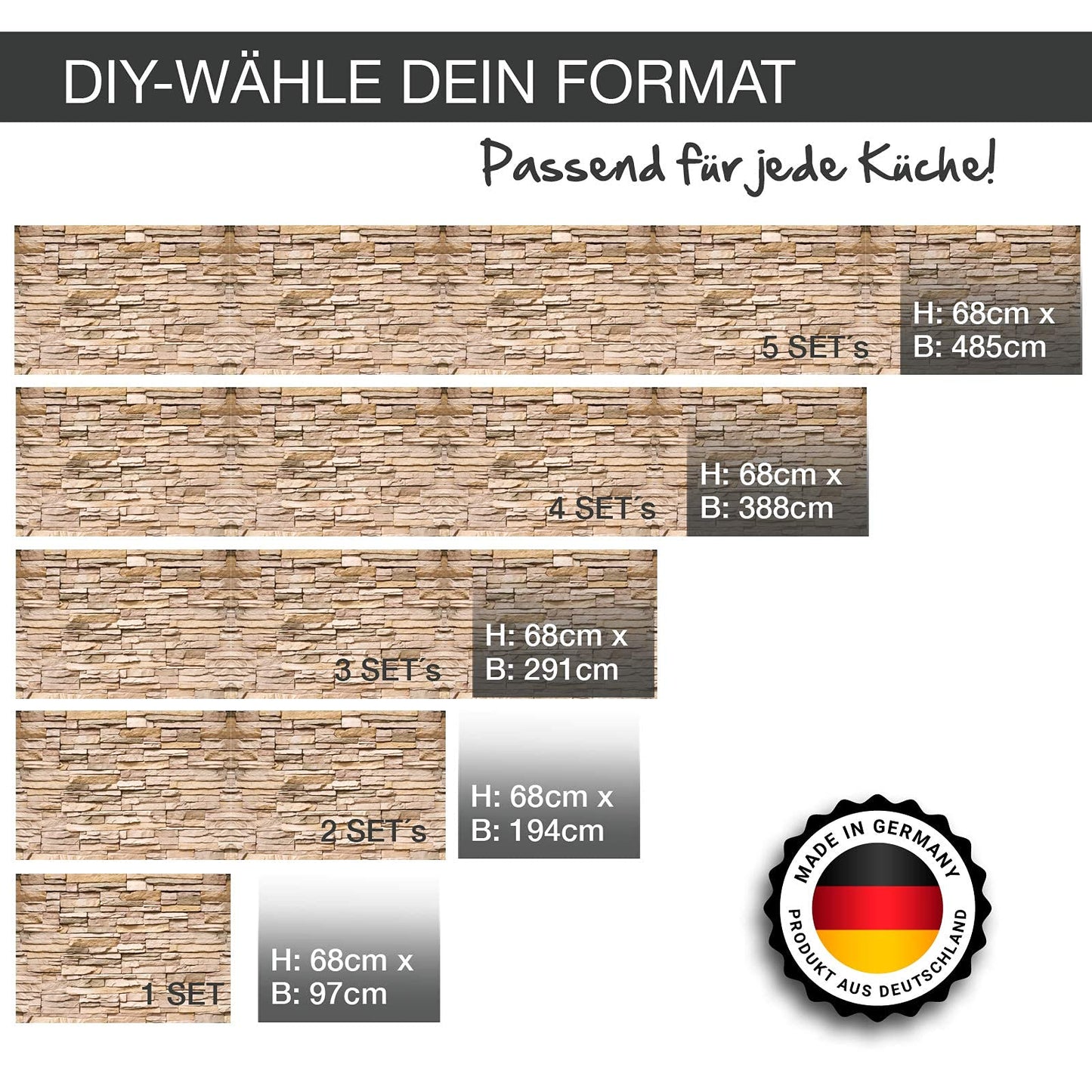 KLINOO Küchenrückwand aus Folie in Steinoptik als Spritzschutz - zuschneidbar und erweiterbar - 97cm x 68cm (Naturstein beige)