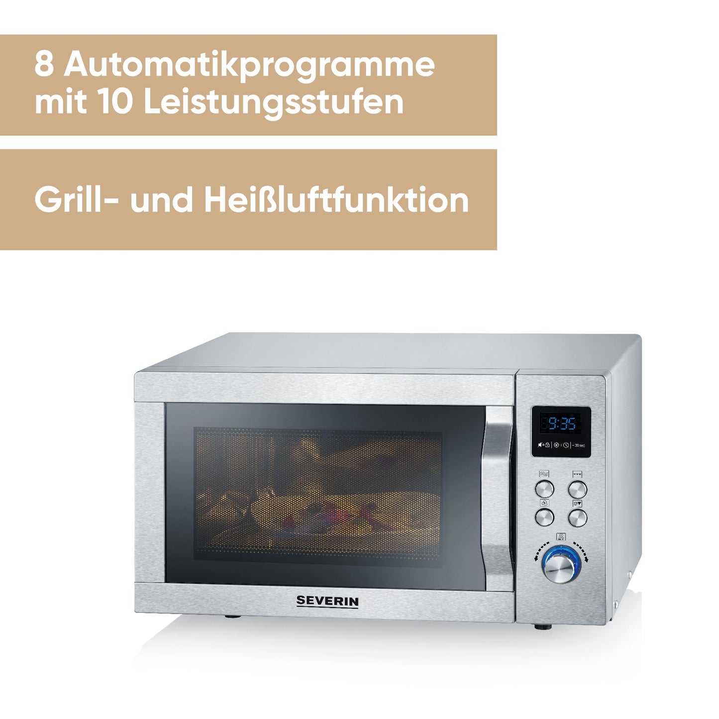 SEVERIN MW 7774 Microwave with Grill and Hot Air Function 3-in-1 for Defrosting, Cooking and Heating, Microwave with Turntable, Brushed Stainless Steel/Silver