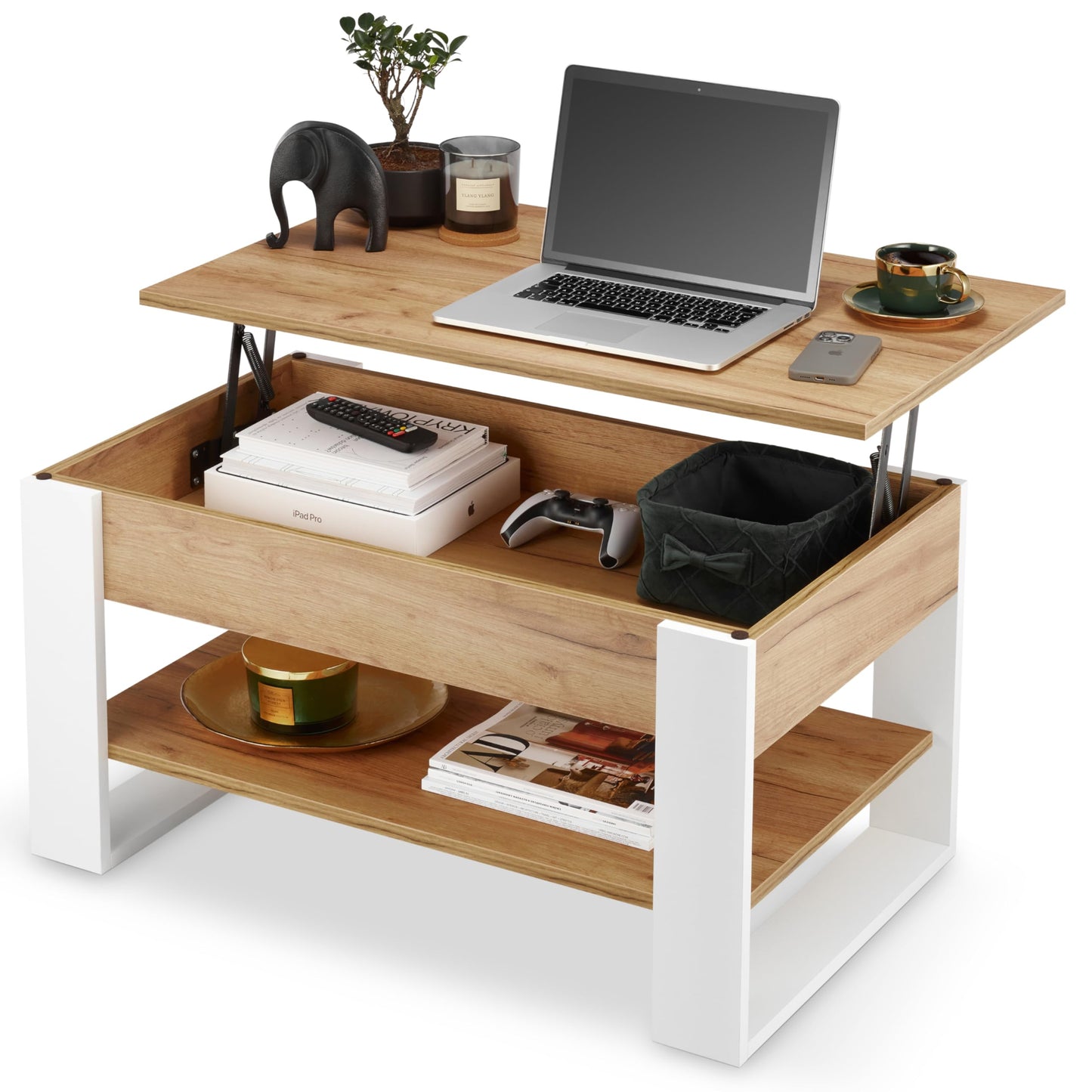 Coffee Table Height Adjustable with Storage Space Living Room Table Foldable Height-Adjustable Coffee Table Extendable Living Room Table Oak (White + Oak)