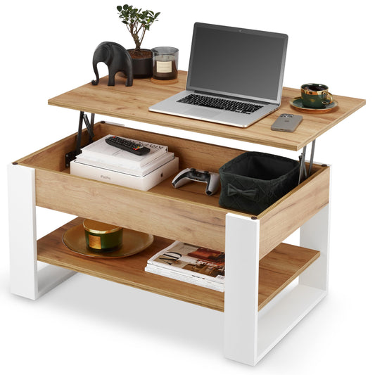 Coffee Table Height Adjustable with Storage Space Living Room Table Foldable Height-Adjustable Coffee Table Extendable Living Room Table Oak (White + Oak)