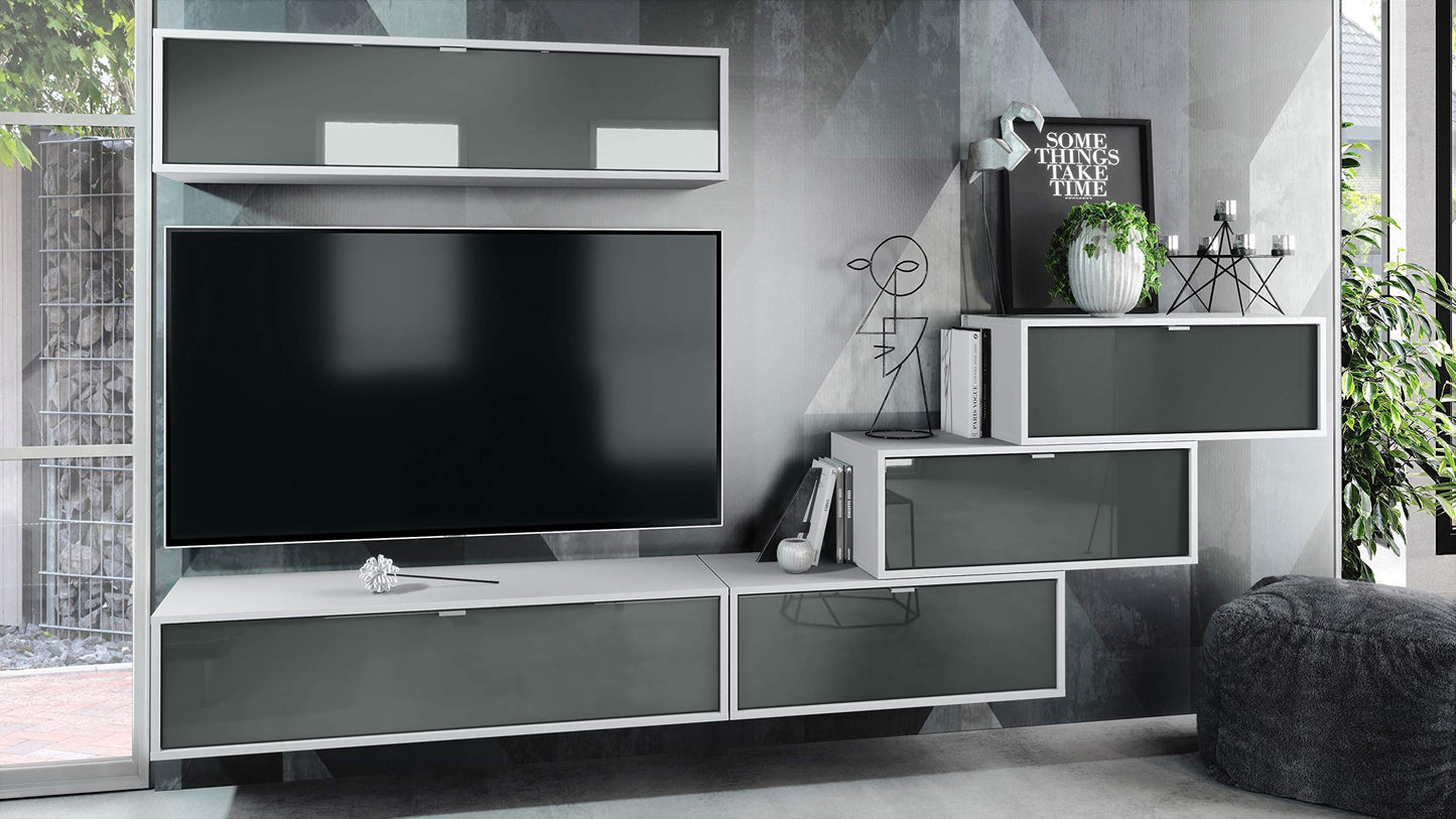 Vladon Lana V1 Wall Unit Made of 5 Hanging Elements with 12 Compartments, Made in Germany, Body in Matte White, Fronts in Bordeaux High Gloss, Large Choice of Colours