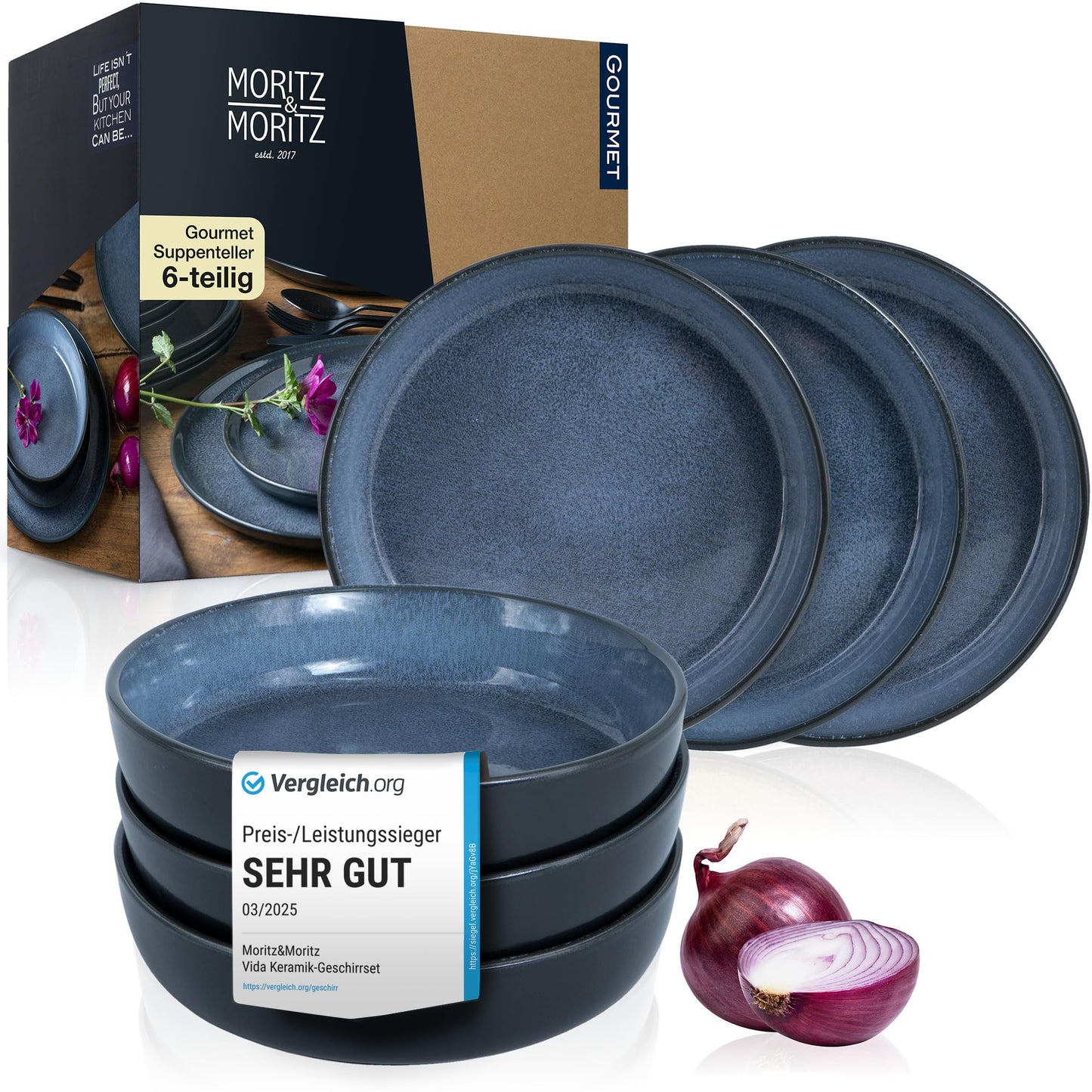 Moritz & Moritz Vida 18-Piece Crockery Set for 6 People, Elegant Plate Set Made of High-Quality Porcelain, Crockery Consisting of 6 x Dinner Plates, 6 x Dessert Plates, 6 x Soup Plates