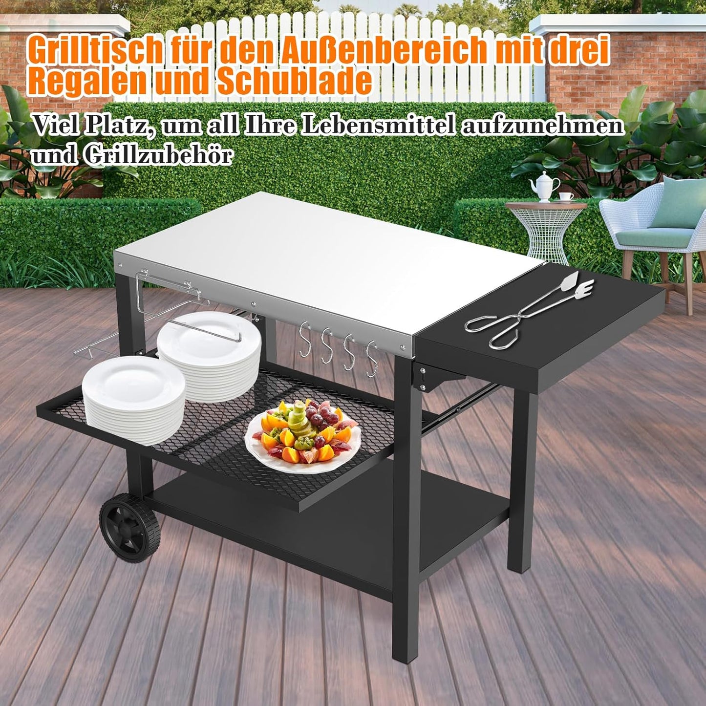 Denmay Stainless Steel Grill Table Grill Trolley 116 x 54 cm with 3 Levels, Pizza Oven Stand, Grill Table for Outdoor Use, Work Trolley with 4 Hooks, Outdoor Serving Trolley Side Table, Kitchen