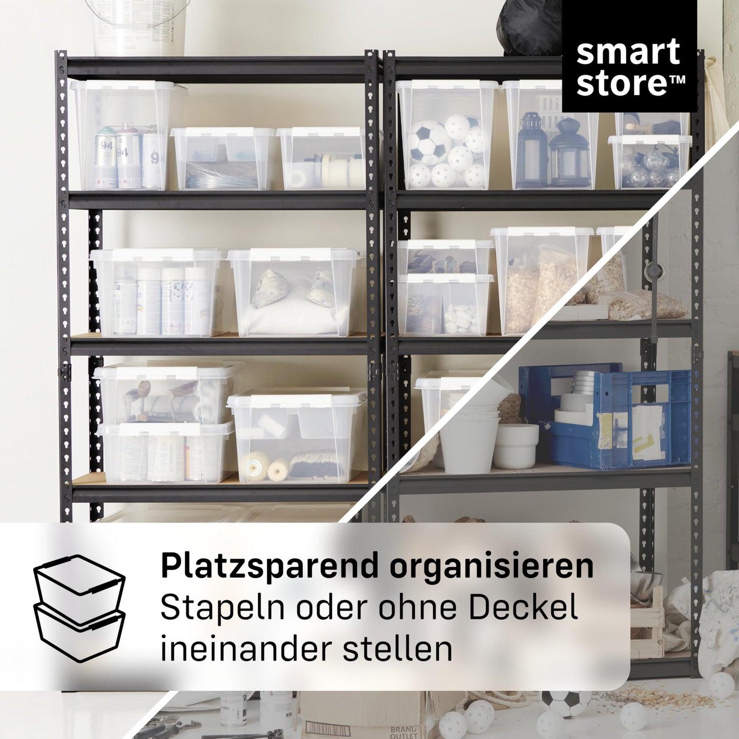 SmartStore Storage Box with Lid, 14 Litres, Pack of 4, Reinforced, Large, Transparent, Food Safe, with Clip Closure, Stackable, BPA-Free Plastic, 40 x 30 x 18 cm (L x W x H)