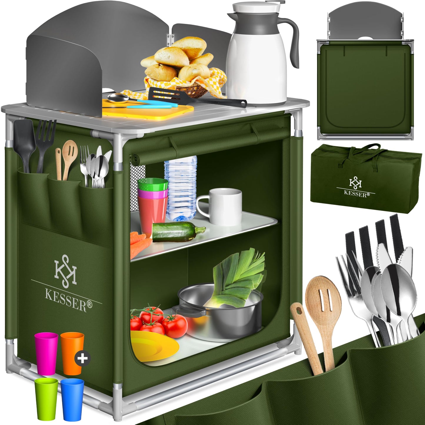KESSER® Camping Kitchen | Includes Carry Bag & Cup Set | Camping Cabinet Folding Cabinet | with Aluminium Frame | Travel Kitchen | Kitchen Box | Tent Cabinet | Outdoor Camping Kitchen | Khaki | Type