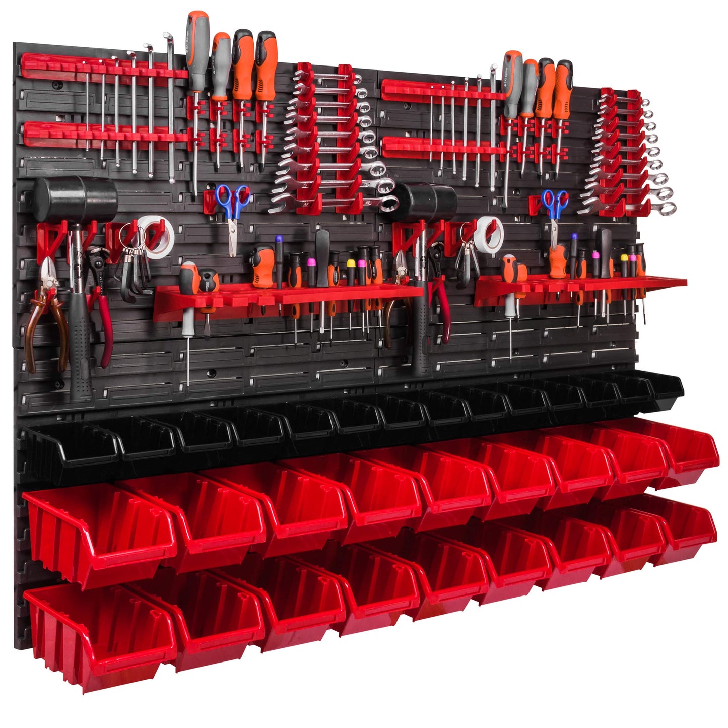 Storage System Wall Shelf 115 x 78 cm, Tool Holders, Pack of 56 Stacking Boxes, Storage Boxes, Extra Strong Wall Plates, Shelf Expandable, Workshop Shelf, Storage Shelf, Workshop Wall Shelf