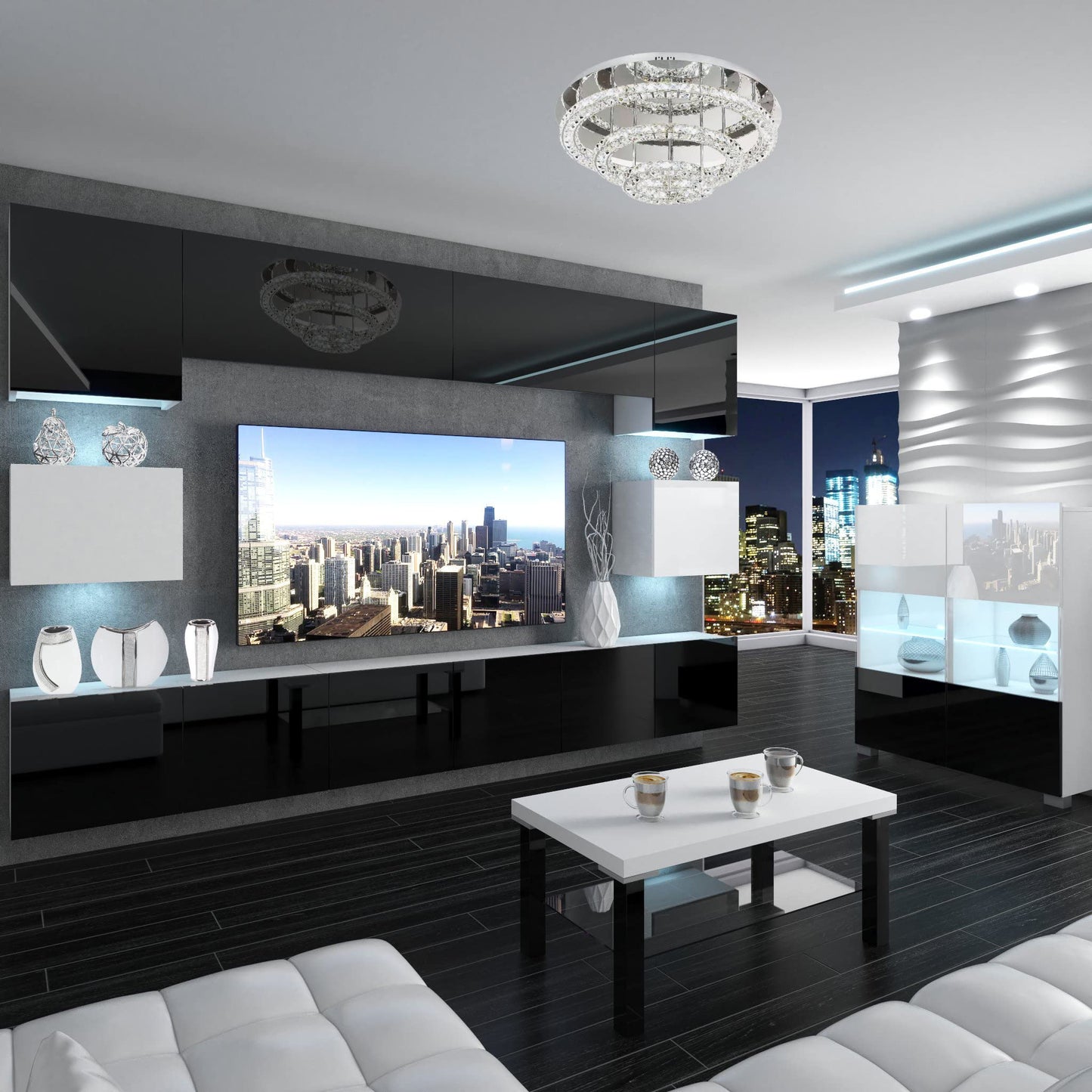 BELINI Living Room Wall Unit Full Equipment Living Room Set Modern Cabinet Wall with LED Lighting TV Cabinet White