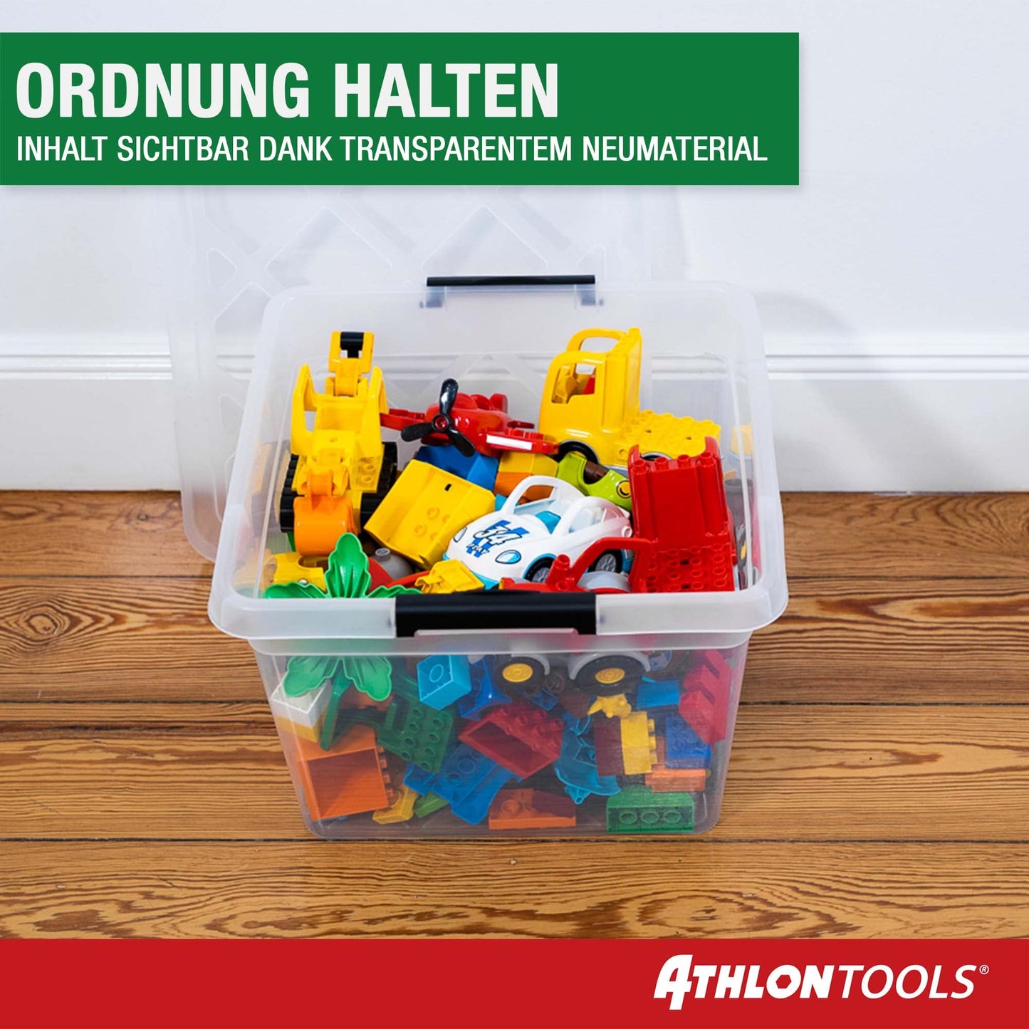 ATHLON TOOLS 4 x 60 L Storage Boxes with Lid, Food-Safe, Locking Clips, 100% New Material Plastic Box, Transparent, Clothes Boxes, Stackable