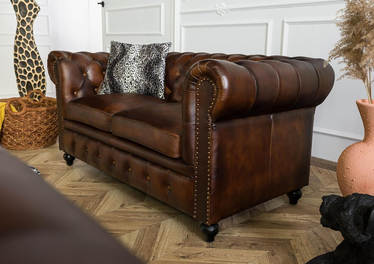 MASSIVMOEBEL24.DE Chesterfield #103 3-Seater Sofa Real Leather 218 x 82 x 76 cm Brown