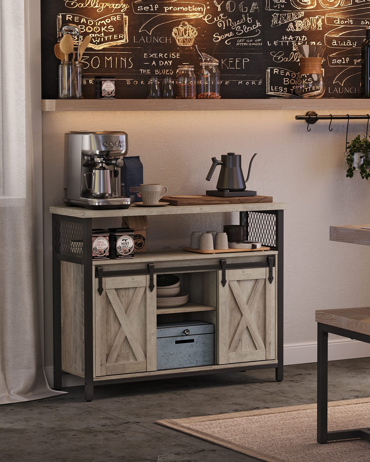 VASAGLE Sideboard, Kitchen Cabinet, Storage Cabinet with 2 Sliding Doors, 33 x 100 x 80 cm, Adjustable Shelves, Country Style for Living Room, Natural-Black LSC092B50