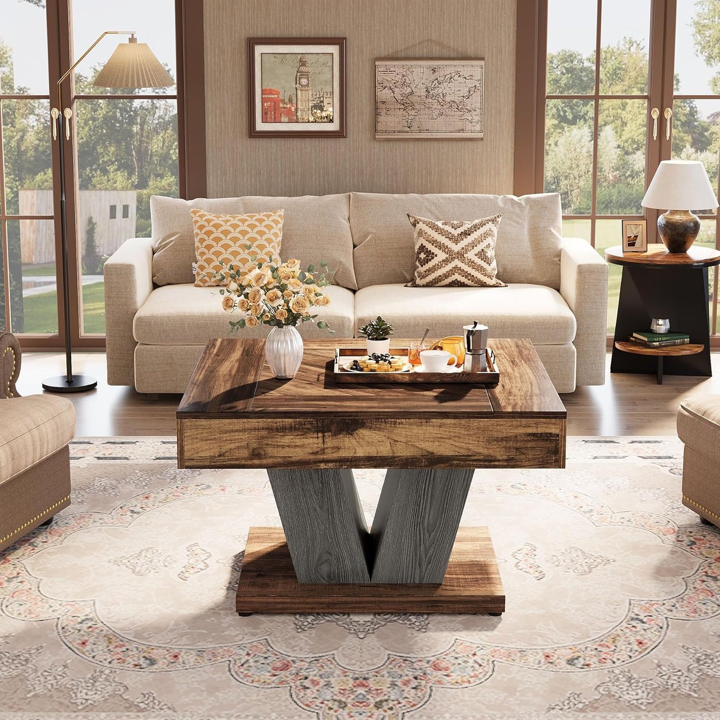 Tribesigns Square Coffee Table Wood Center Table for Living Room 80cm Modern Cocktail Tea Accent Table Rustic Brown and Black