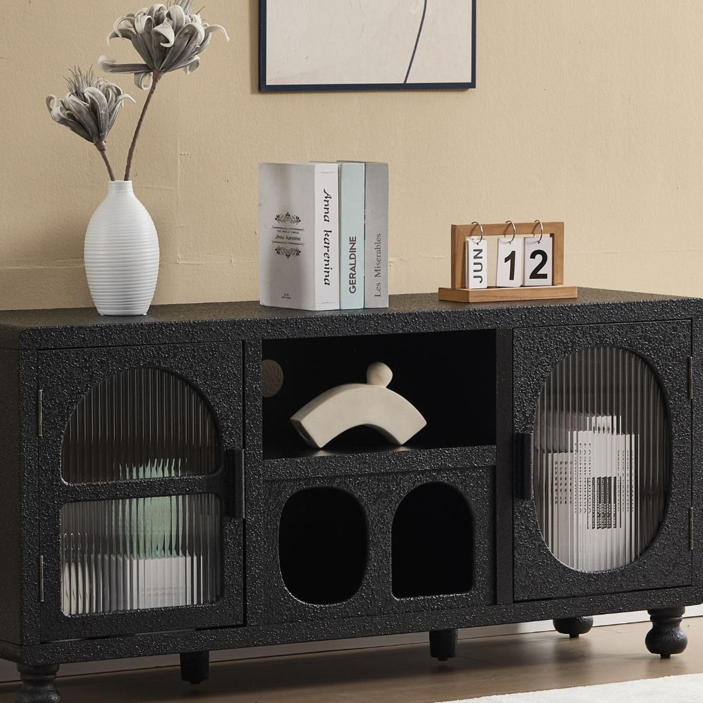 Ya-Home Lowboard with 2 Glass Doors Storage Cabinet with Compartments Sideboard with Solid Wood Legs for Living Room Black