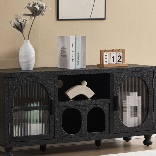 Ya-Home Lowboard with 2 Glass Doors Storage Cabinet with Compartments Sideboard with Solid Wood Legs for Living Room Black
