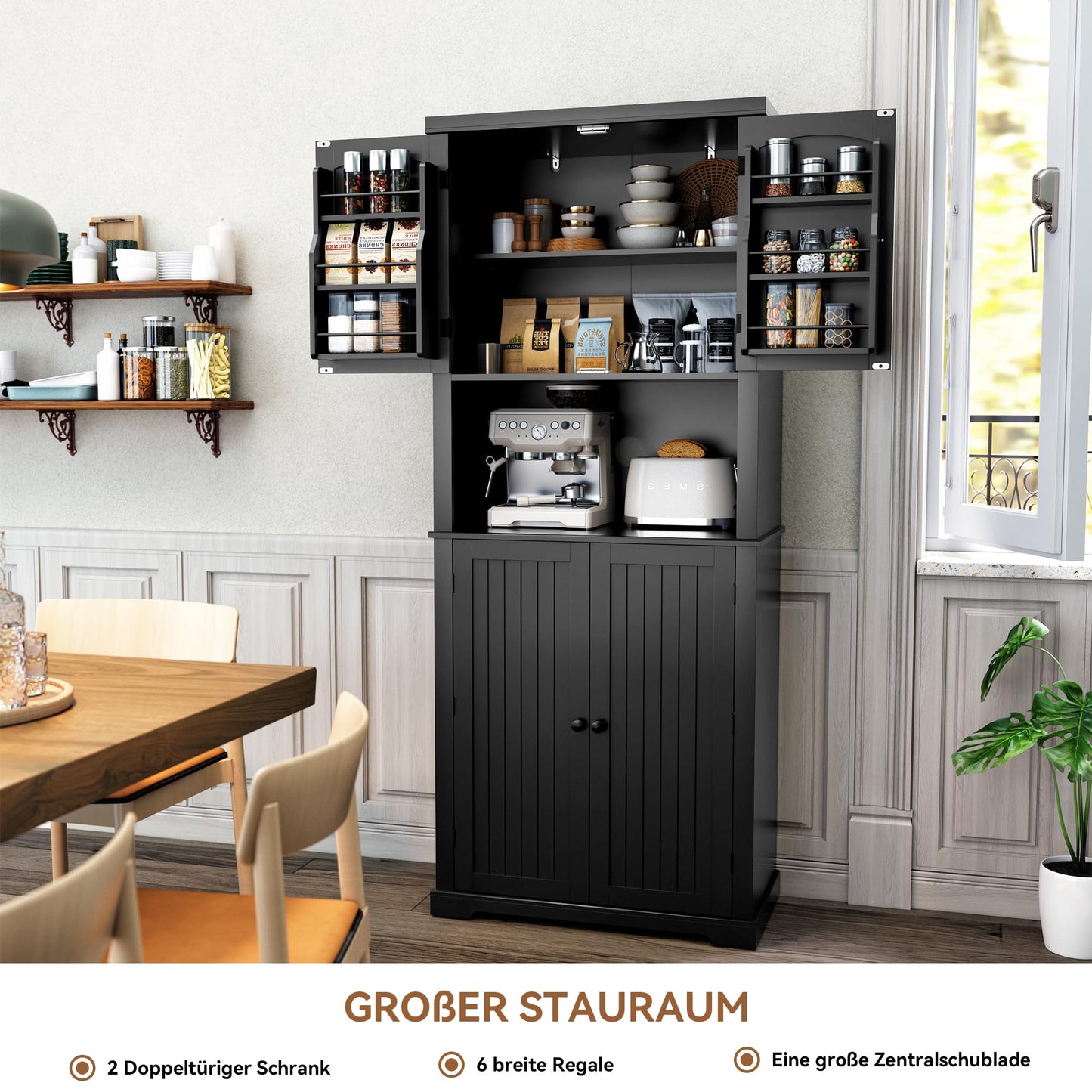 HOLTICO Küchenschrank mit Arbeitsplatte, Hochschrank Küchenbuffet Buffetschrank, Esszimmerschrank, Speisekammer mit Türen und Regalen für Esszimmer, Wohnzimmer, Waschküche,Schwarz