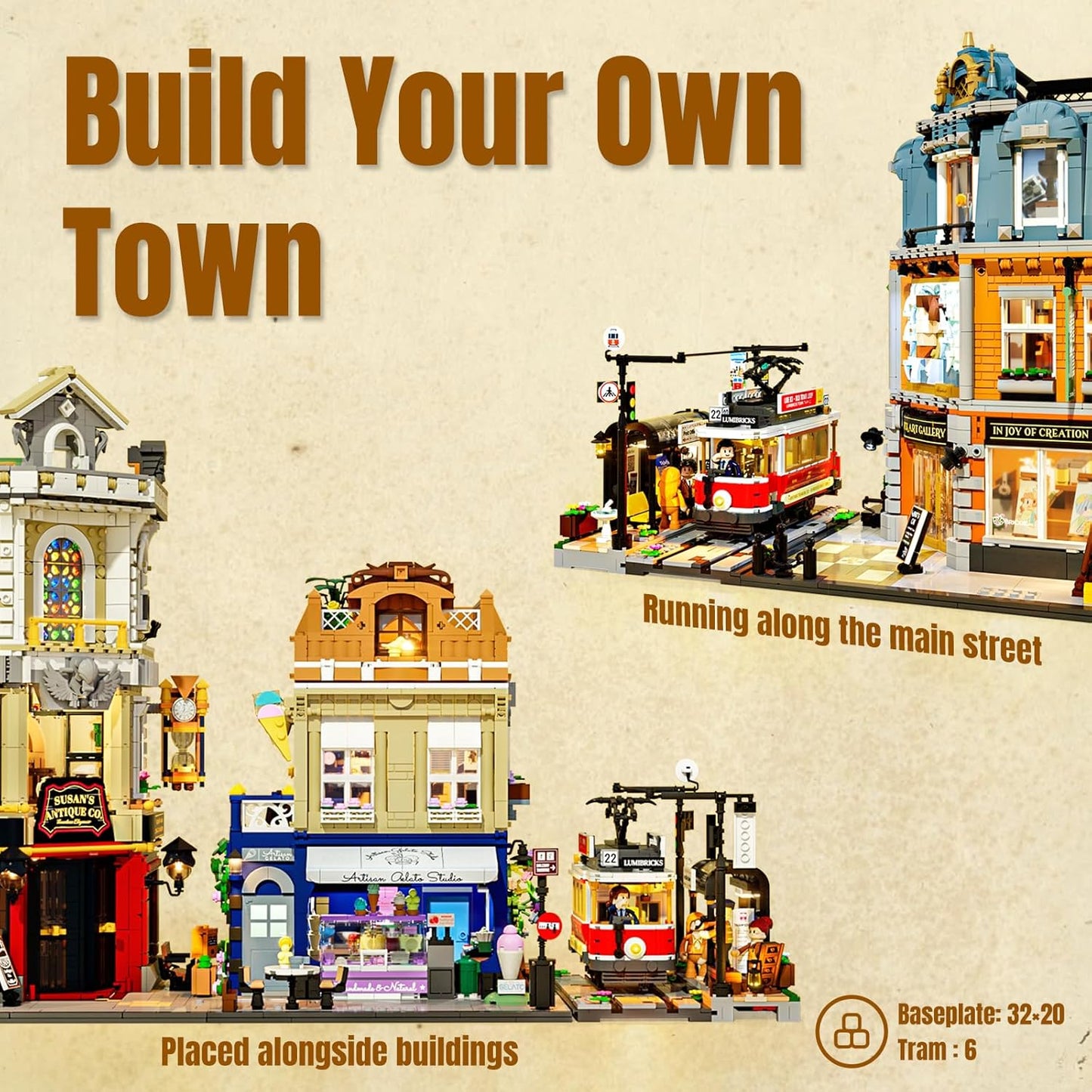 Lumibricks Heritage Tram and Stop Kit with Light, 1274Pcs, L9084