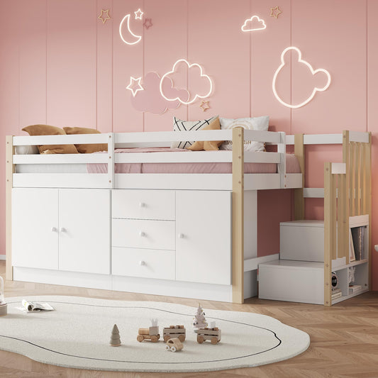 Merax Kinderbett 90x200 cm aus Holz, Multifunktionales Hochbett mit austauschbarer Treppe & Stauraum, Schubladen als Schreibtisch nutzbar, Weiß (Ohne Matratze)