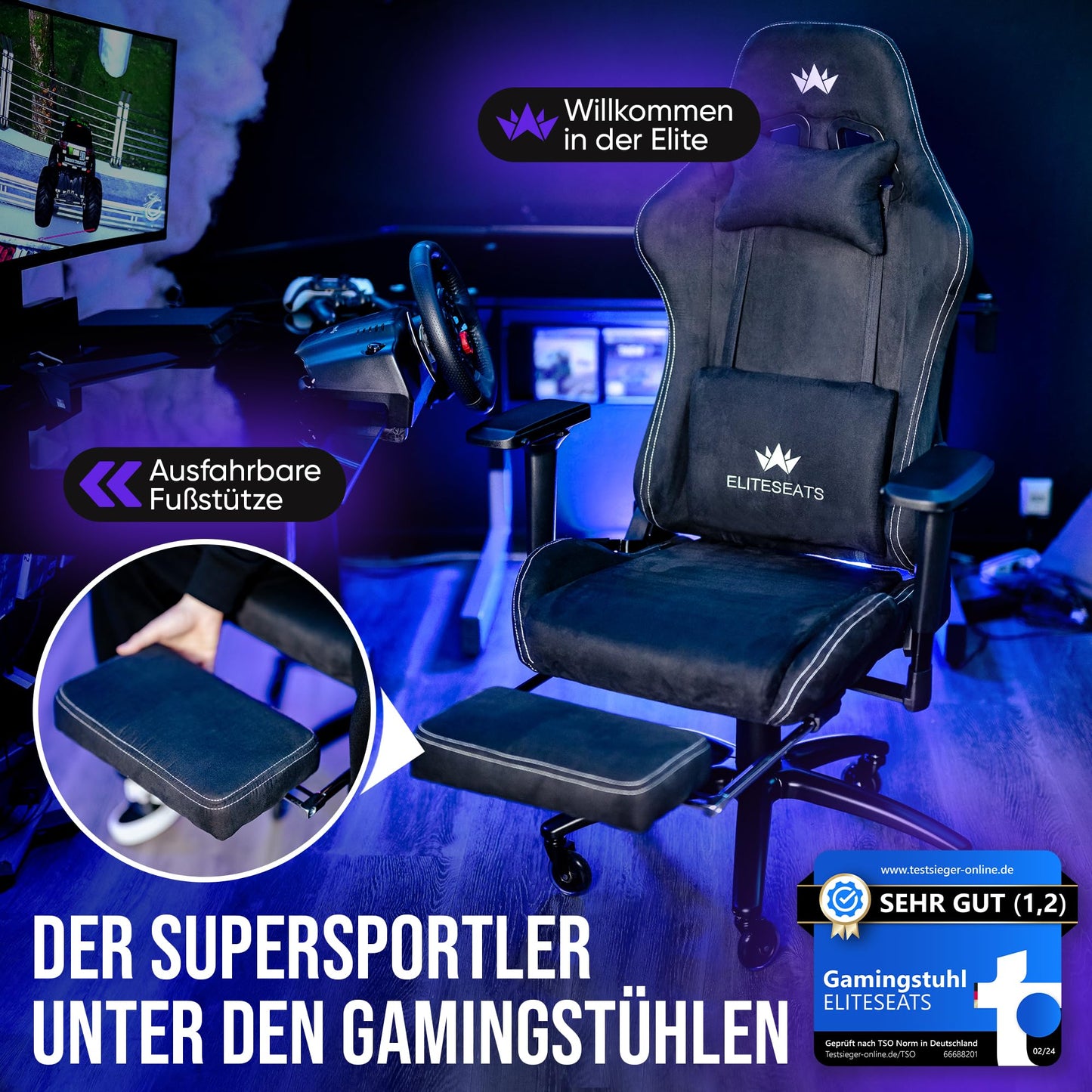 ELITESEATS Ergonomic Gaming Chair [Test Winner] Scratch-Free Wheels Breathable 4D Armrests with Footrest Ergonomic Gaming Chair Fabric 150 kg Load Capacity Gaming Chair Gaming Chair