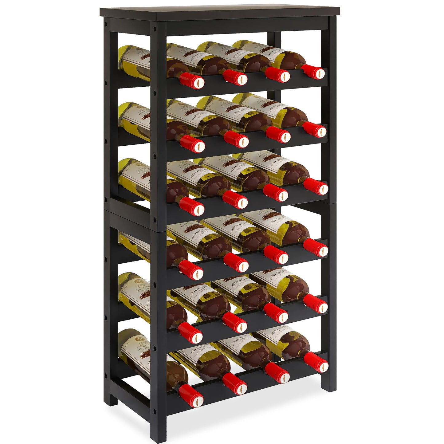 24 Bottle Wine Rack Freestanding Base, 6 Tier Wine Display Storage Shelves with Table Top, Bamboo Wine Bottle Holder Stand with Wave Bars for Kitchen, Dining Room, Pantry, Black
