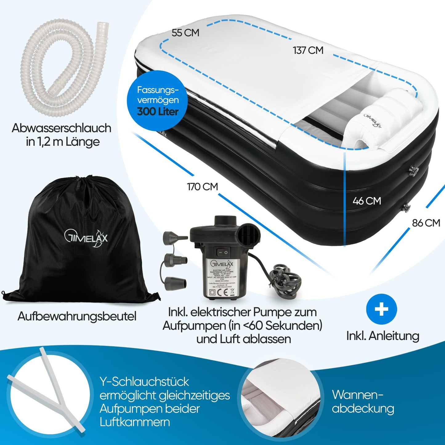 TIMELAX® Inflatable Bathtub XL [Ergonomic Backrest] 0.5 mm Thick PVC | BPA Free Inflatable Foldable Mobile Freestanding Bath for Adults and Shower