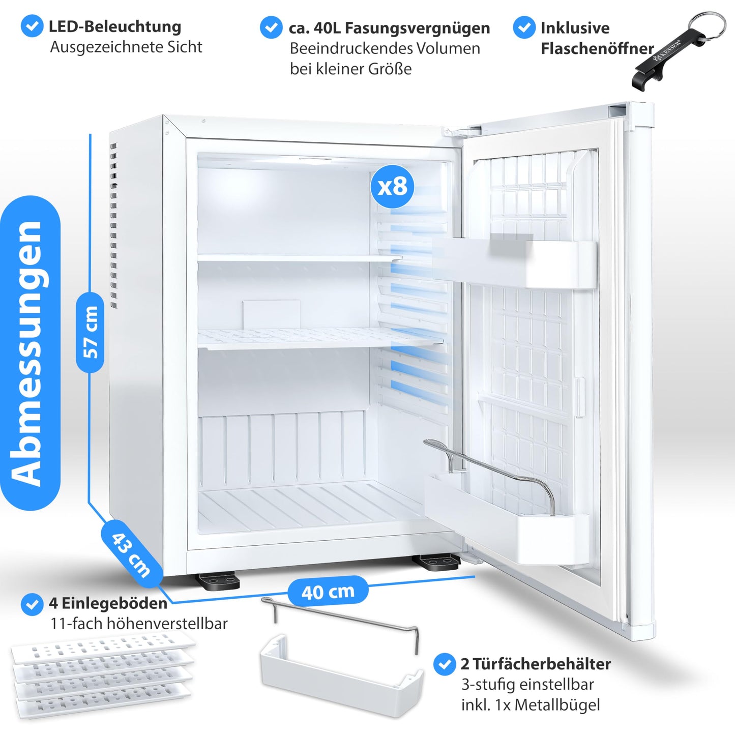 KESSER® Mini Fridge 40 L Lockable Mini Bar Ideal for Camping, Office, Bedroom, Hotel, Kitchen, Small Fridge Completely Silent, Interchangeable Door Hinge, Interior Lighting with Glass Opener