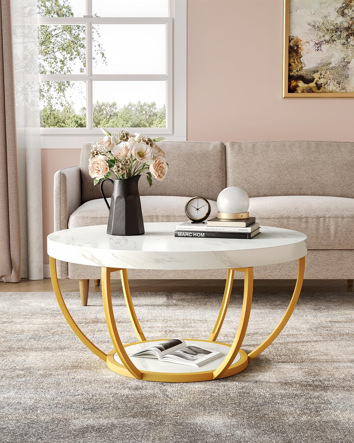 LITTLE TREE Round Coffee Table 32 Inch Round Coffee Table for Living Room 2 Tier Wood Accent Center Table with Open Storage Industrial Design Home Furniture (Wood Grain and Black)