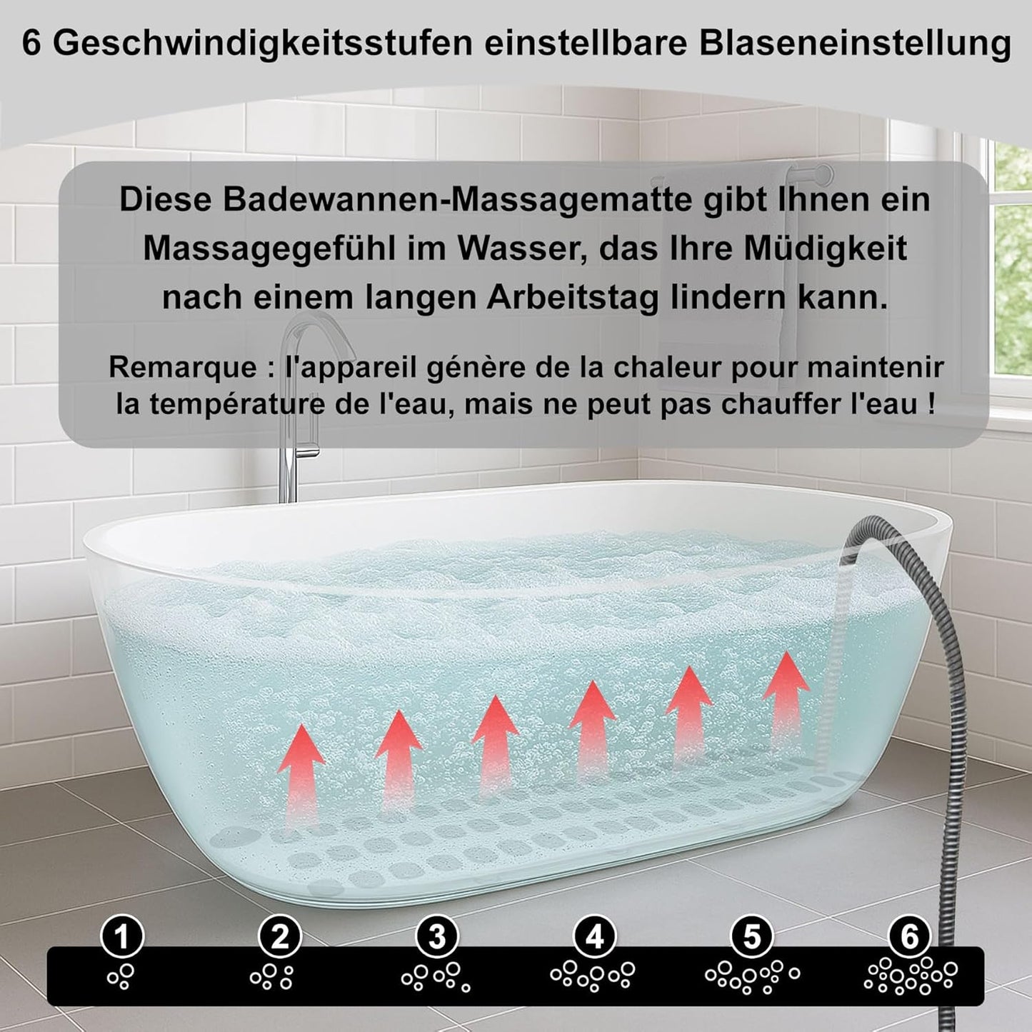 Bath Spa Mat, Bubble Bath Mat, Whirlpool Bath Mat with Cushion, Portable Bubble Bath Massager with 6 Speed Bubbles for Home Relaxation, Non-Slip Suction Cups