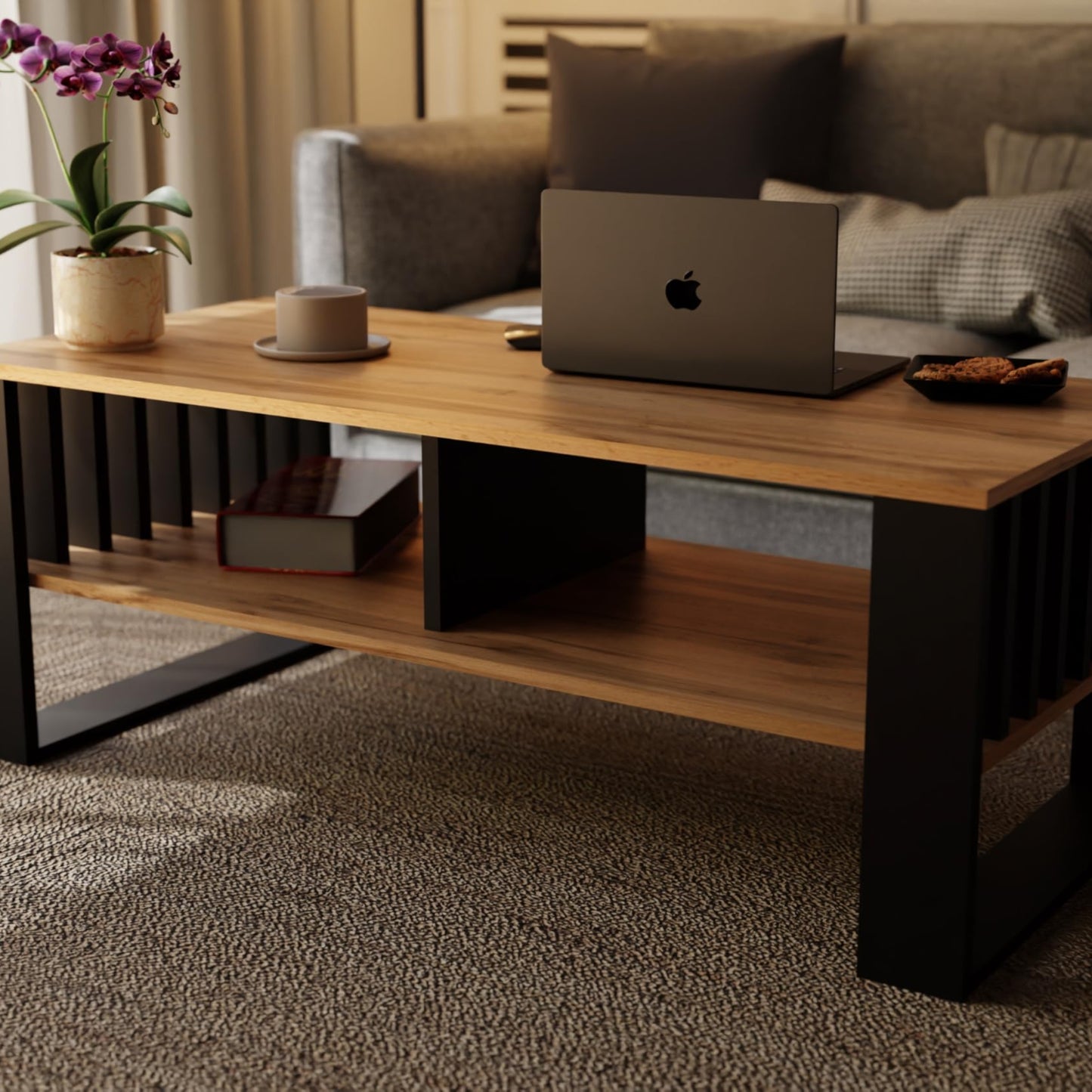 Meble Pitus Coffee Table White - Modern Living Room Table 90 x 50 x 50 cm with Storage Space & Slat Design