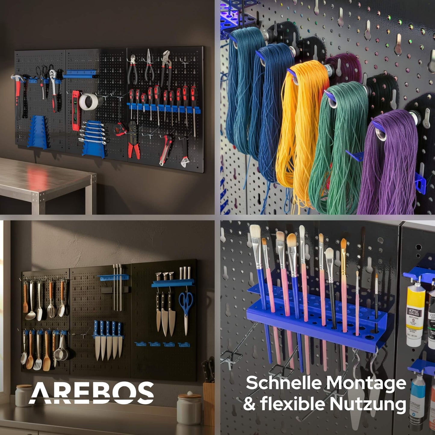 Arebos Tool Wall 3 Panels, 17- Piece Hook Set, 120 x 60 x 2 cm