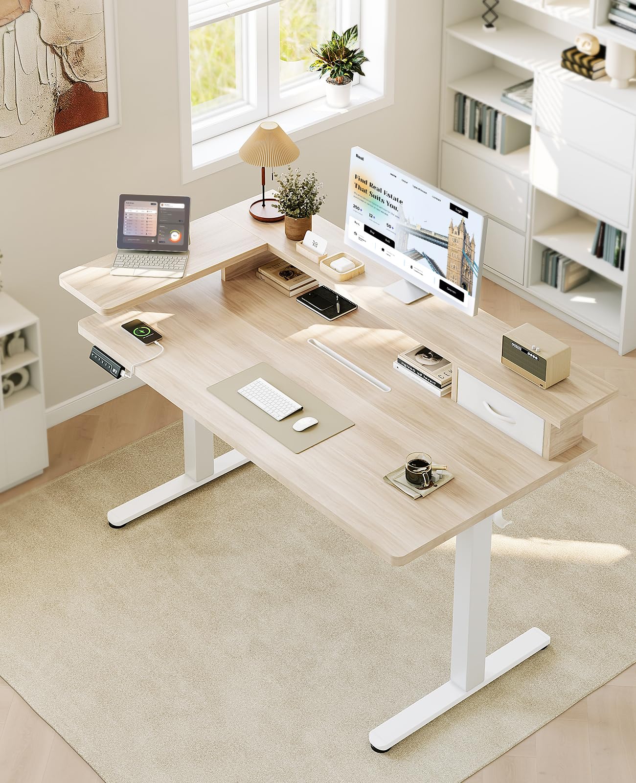 OffiGo Height Adjustable Electric Desk with Drawer and USB, 120 x 60 cm Complete Plate, Ergonomic Standing Seat Table, Computer Desk, Maple