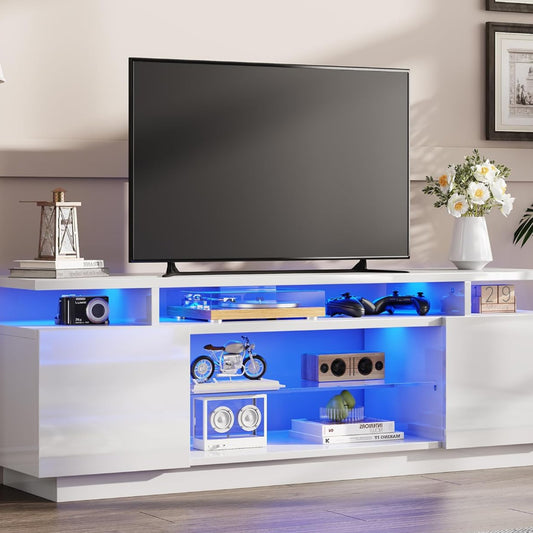 LUXOAK TV Lowboard High Gloss White with LED Lighting - 160 x 38.5 x 54.5 cm TV Stand for up to 75 Inch TV, TV Cabinet with 2 Doors & Adjustable Glass Shelf, for Living Room & Bedroom