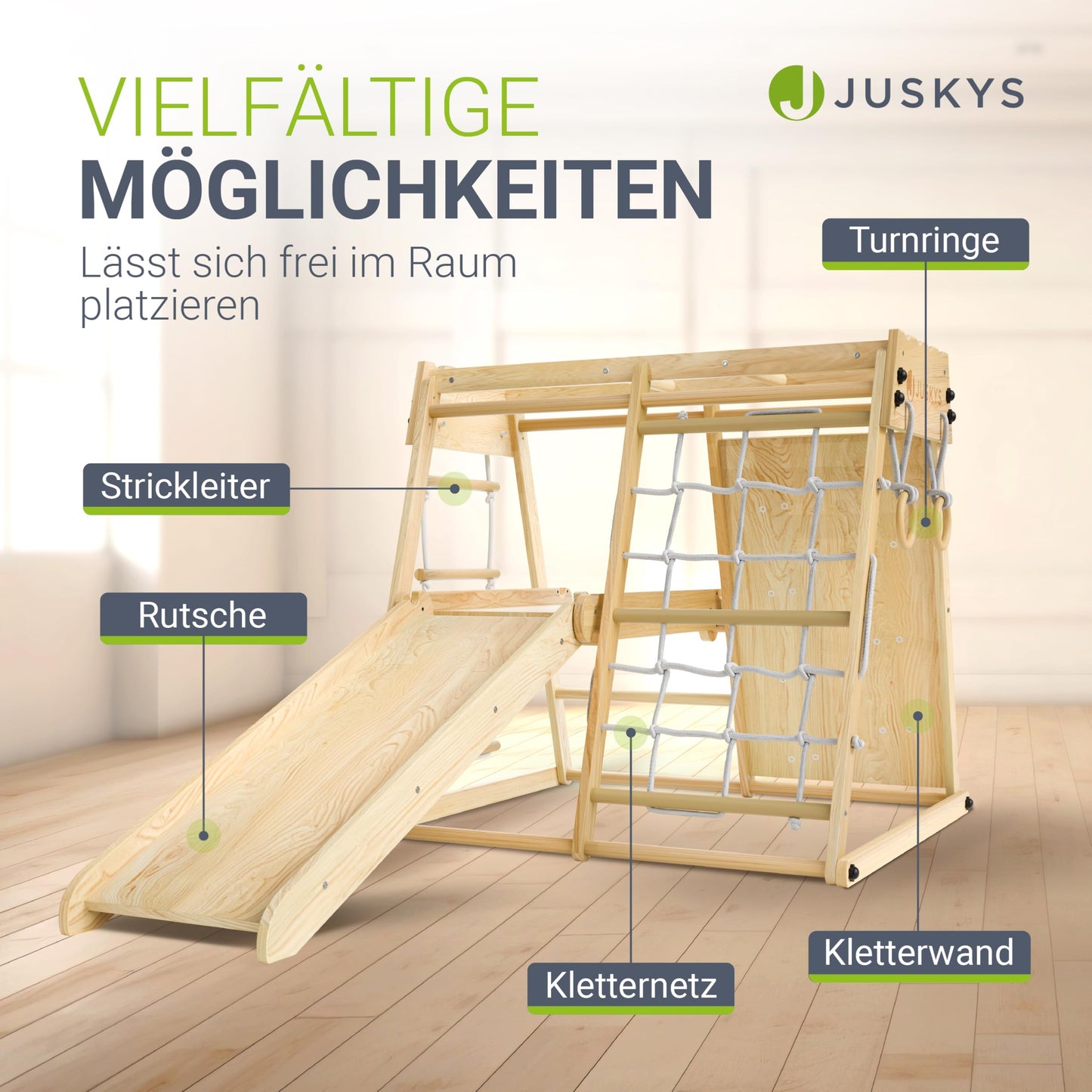 Juskys Mini Climbing Frame for Children - Indoor Playground with Slide, Climbing Wall, Climbing Net & Gymnastics Rings - Wooden Climbing Tower Foldable - Natural
