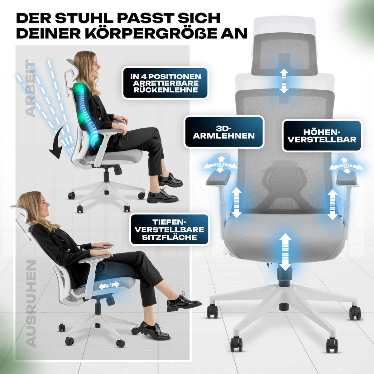 M2 Ergonomic Office Chair, Test Winner with Adjustable Armrest without Headrest for Maximum Freedom of Movement, Back-Friendly, Comfortable Desk Chair for Office and Home Office Chair