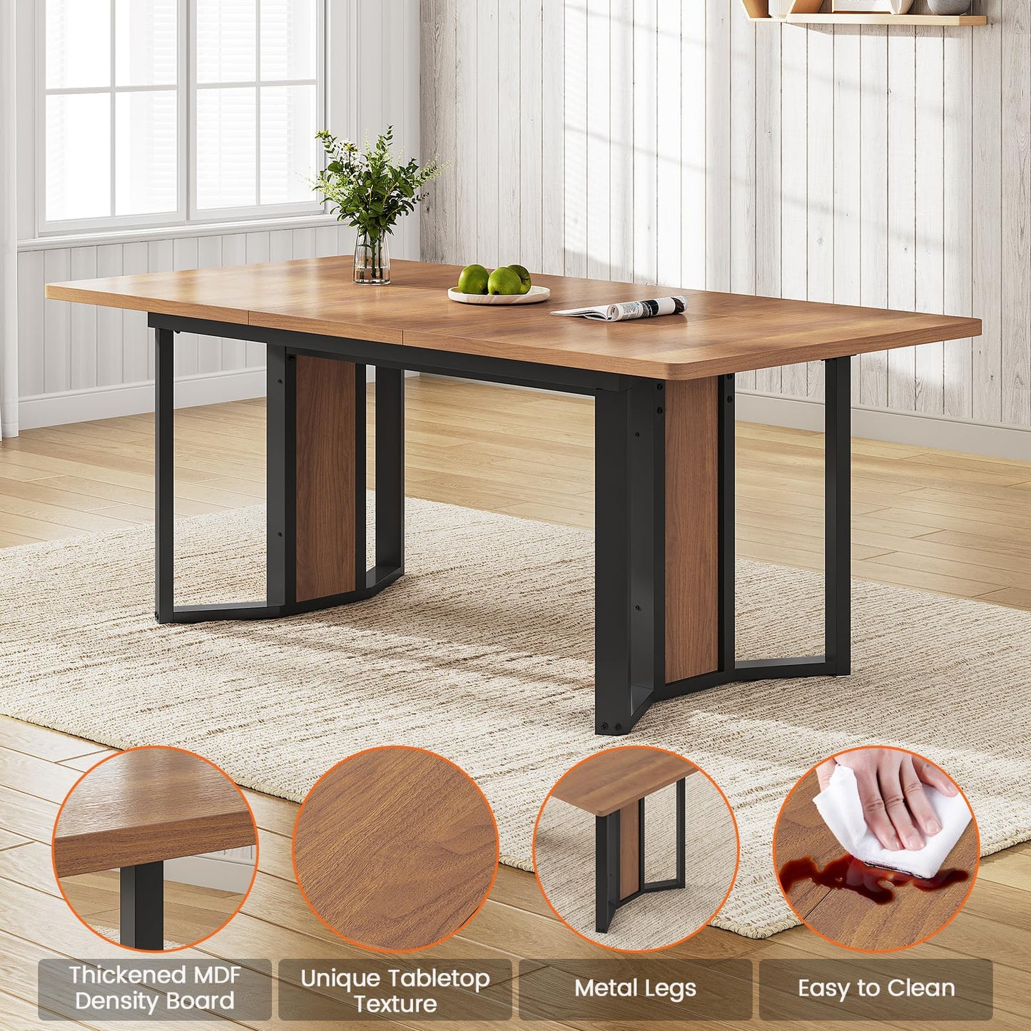 Itaar 5-Piece Dining Table Set for 4-6 People, 63" Extendable Kitchen Table and 4 Cushion Chairs, Dining Room Table with MDF Board & Metal Frame for Small Space, Easy Clean, Brown